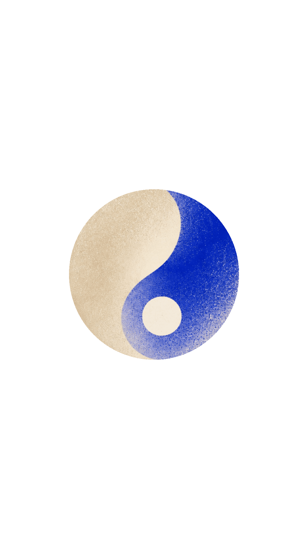 A digital illustration of a yin-yang symbol with a blue and beige design on a dark brown background.