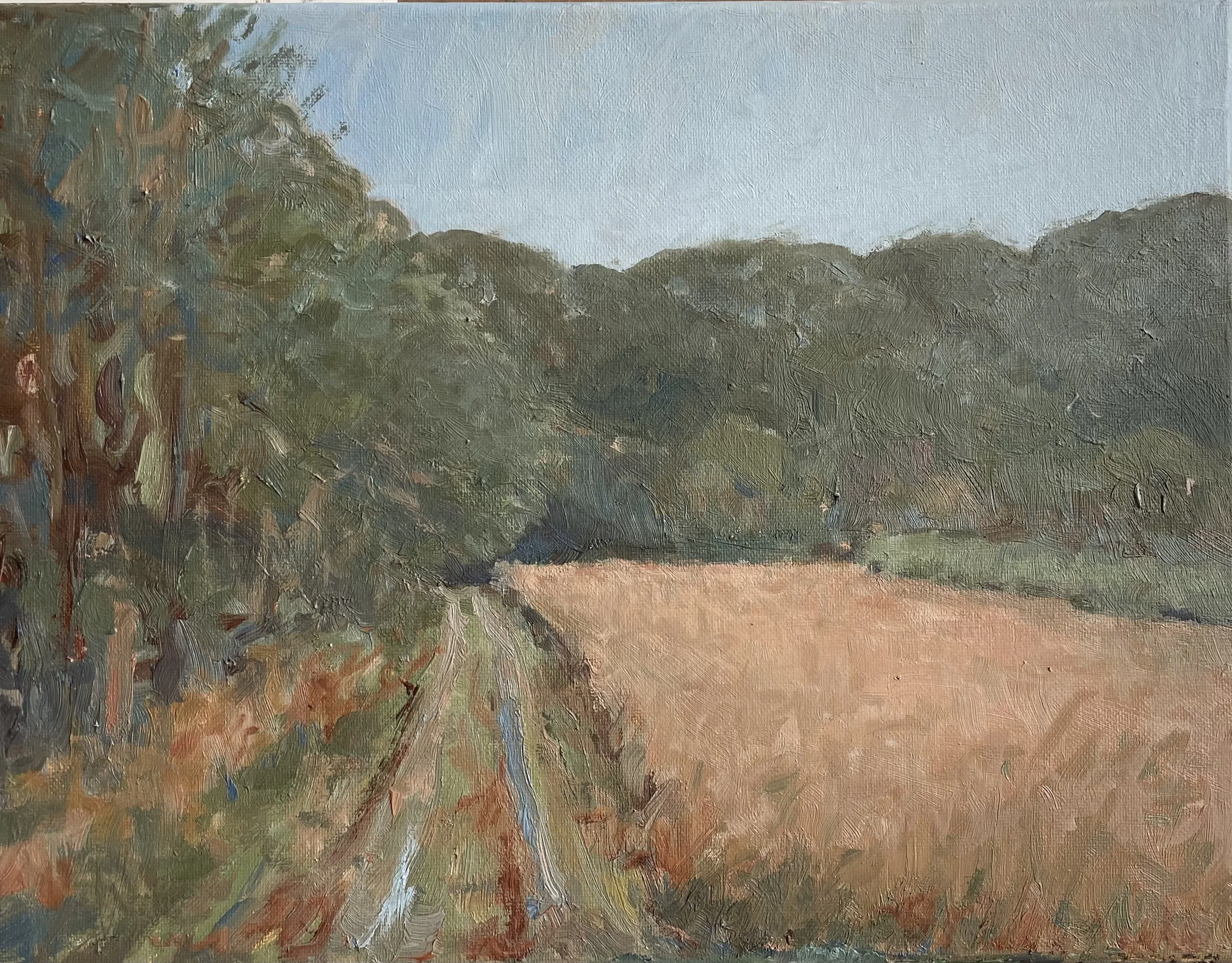 An impressionist landscape painting with a sky horizon, trees, and earth tones.