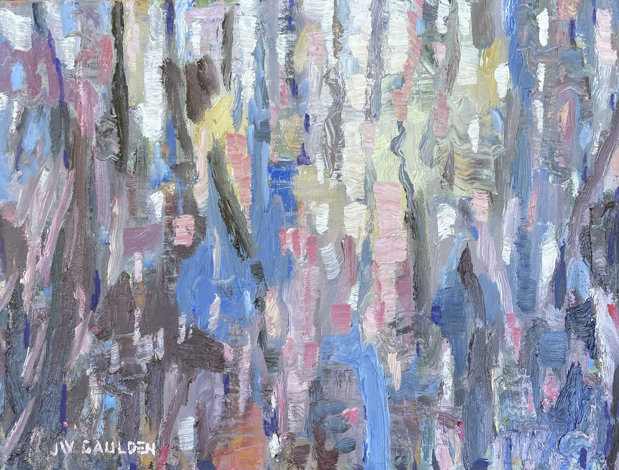 An abstract painting depicting a forest scene with vertical strokes of various colors including pink, blue, white, brown, and green to represent trees and filtered light.