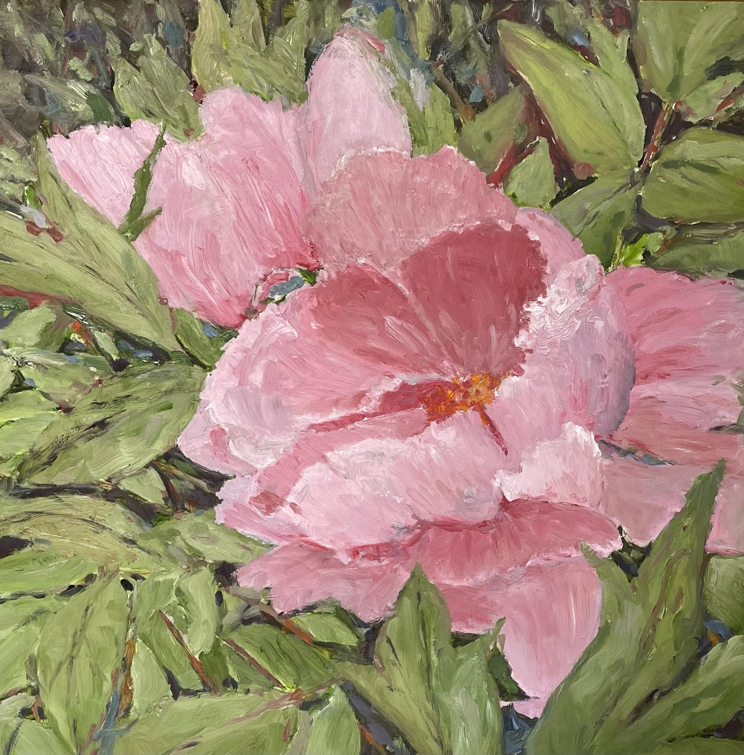 Close-up of pink flowers with green leaves in an impressionist style painting.