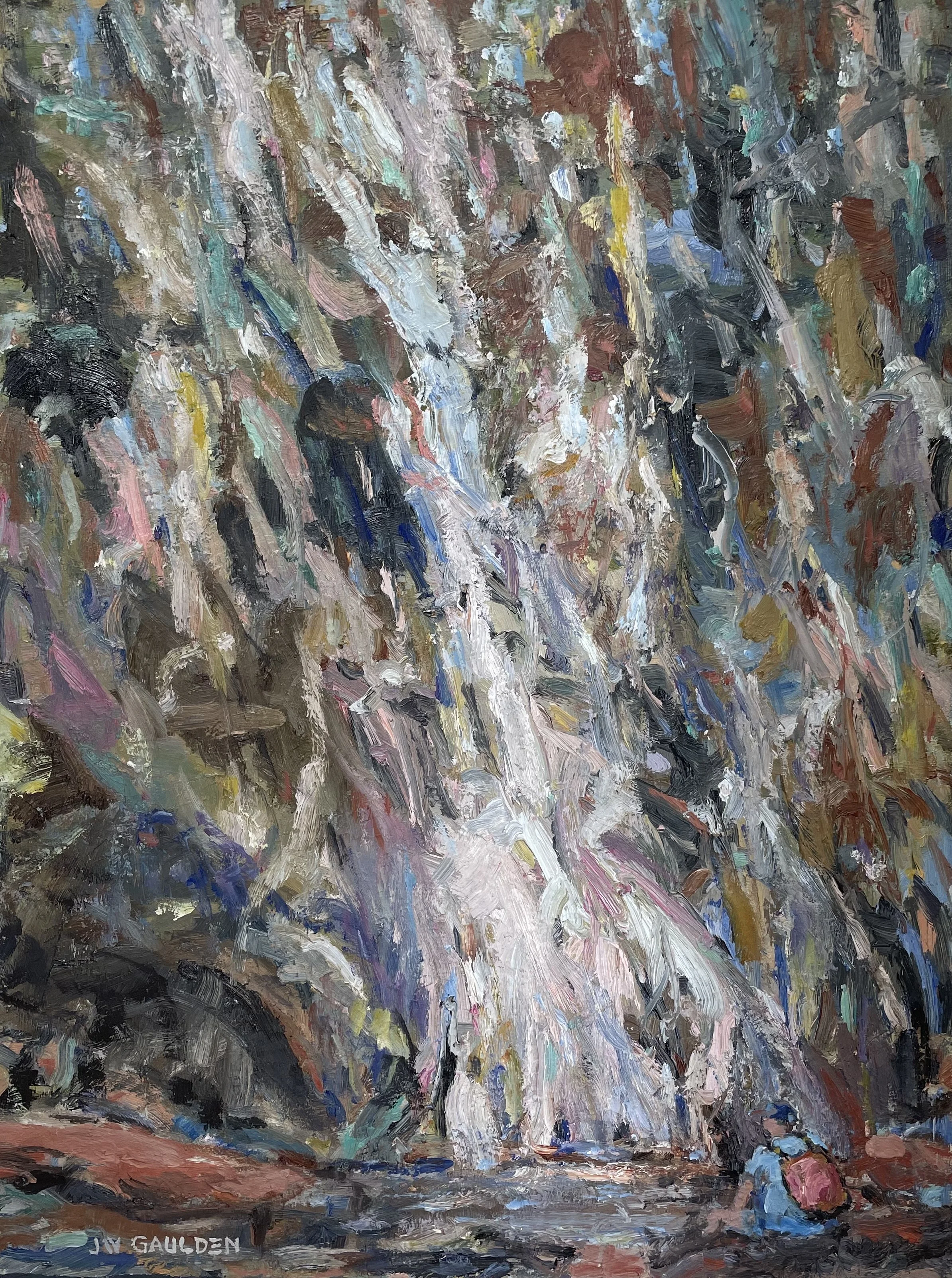 A dripping waterfall surrounded by rocks and trees in an impressionist style painting. The waterfall is white and blue flowing down, with colorful foliage and rocks at the base.
