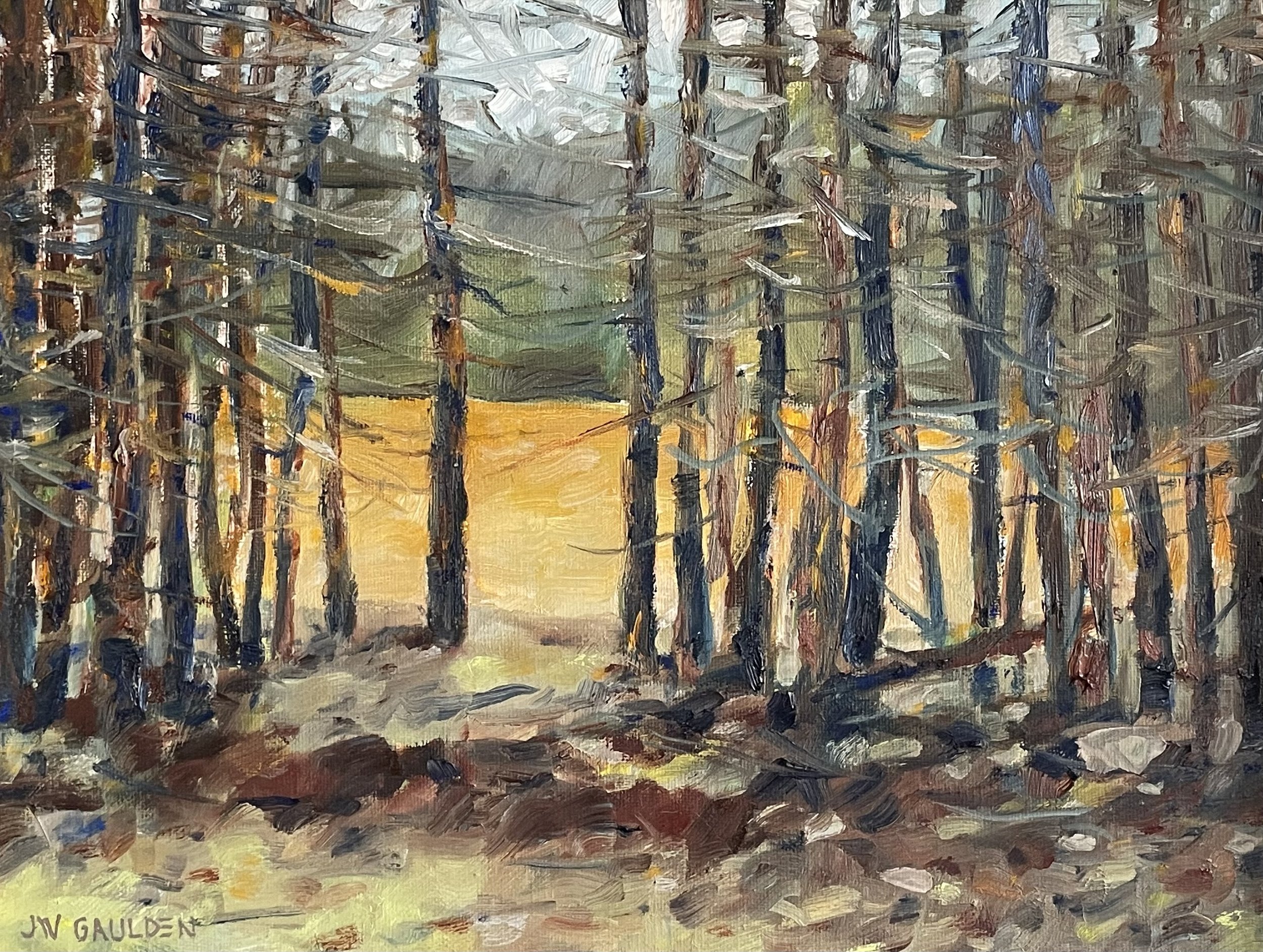 Landscape painting in Yosemite Park of pine trees a field beyond with late afternoon sky with warm tones.