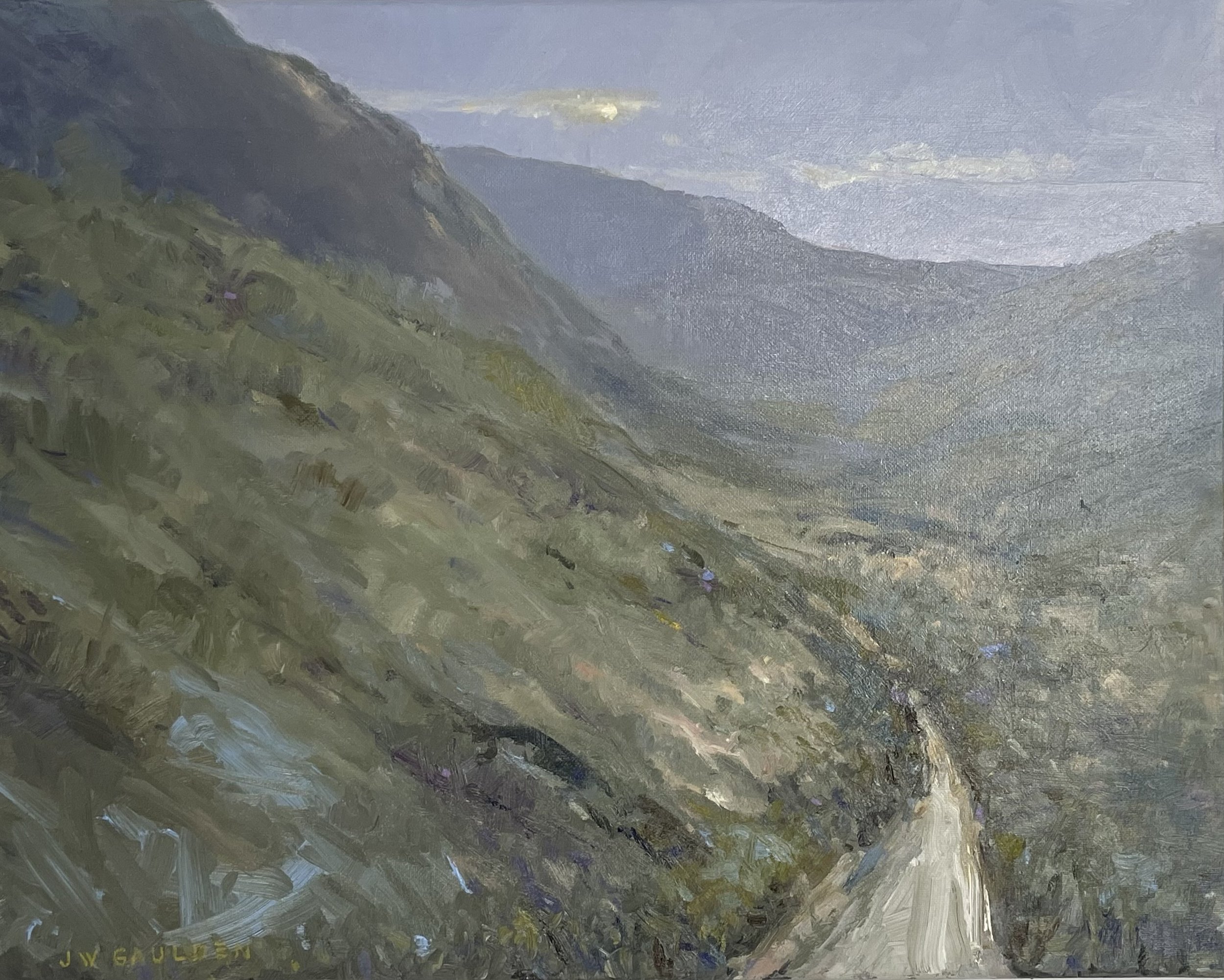 A landscape painting of green rolling hills under a blue sky with some clouds.