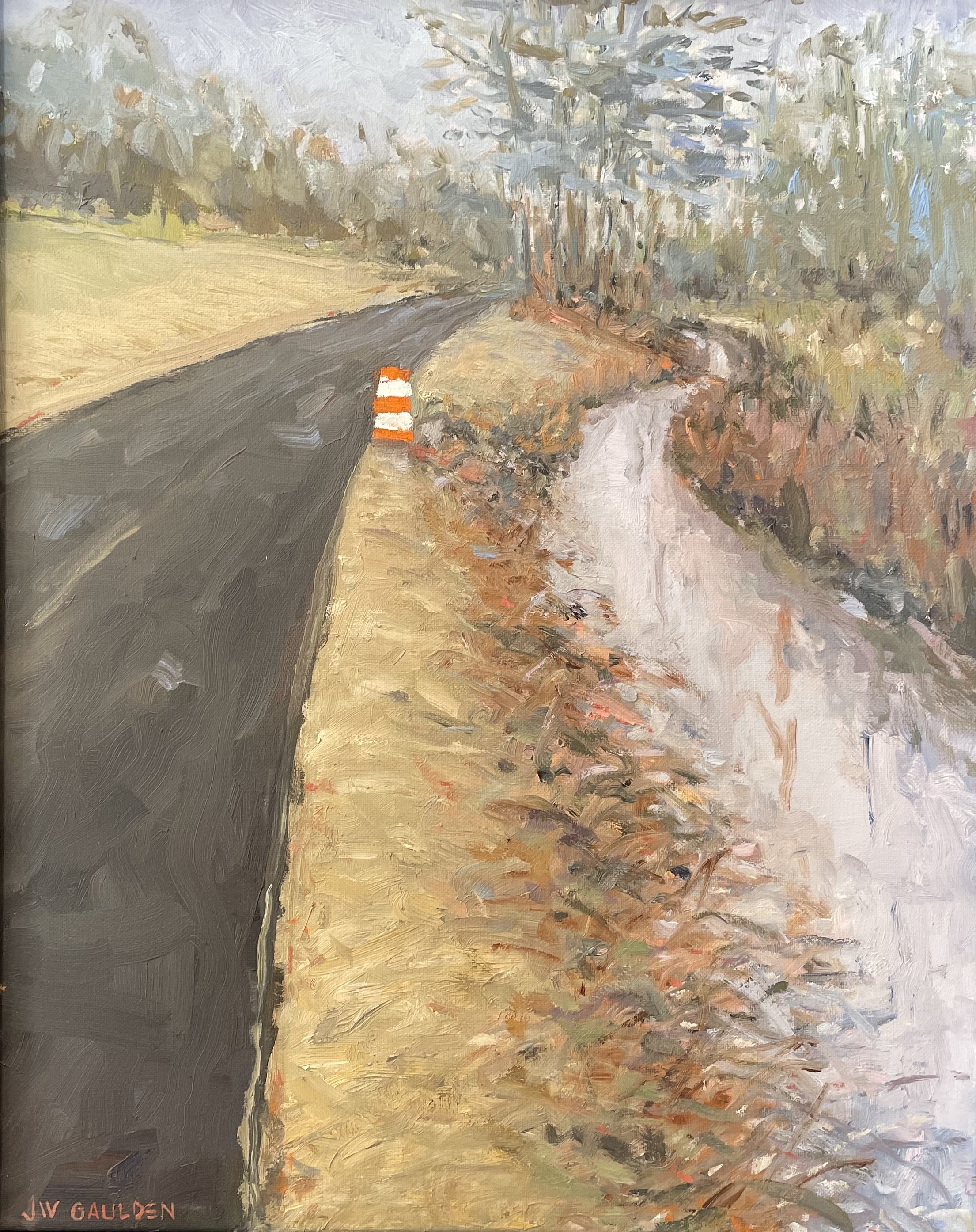 A landscape painting of a dirt road with an orange and white construction barrier, surrounded by trees and yellowish grass.