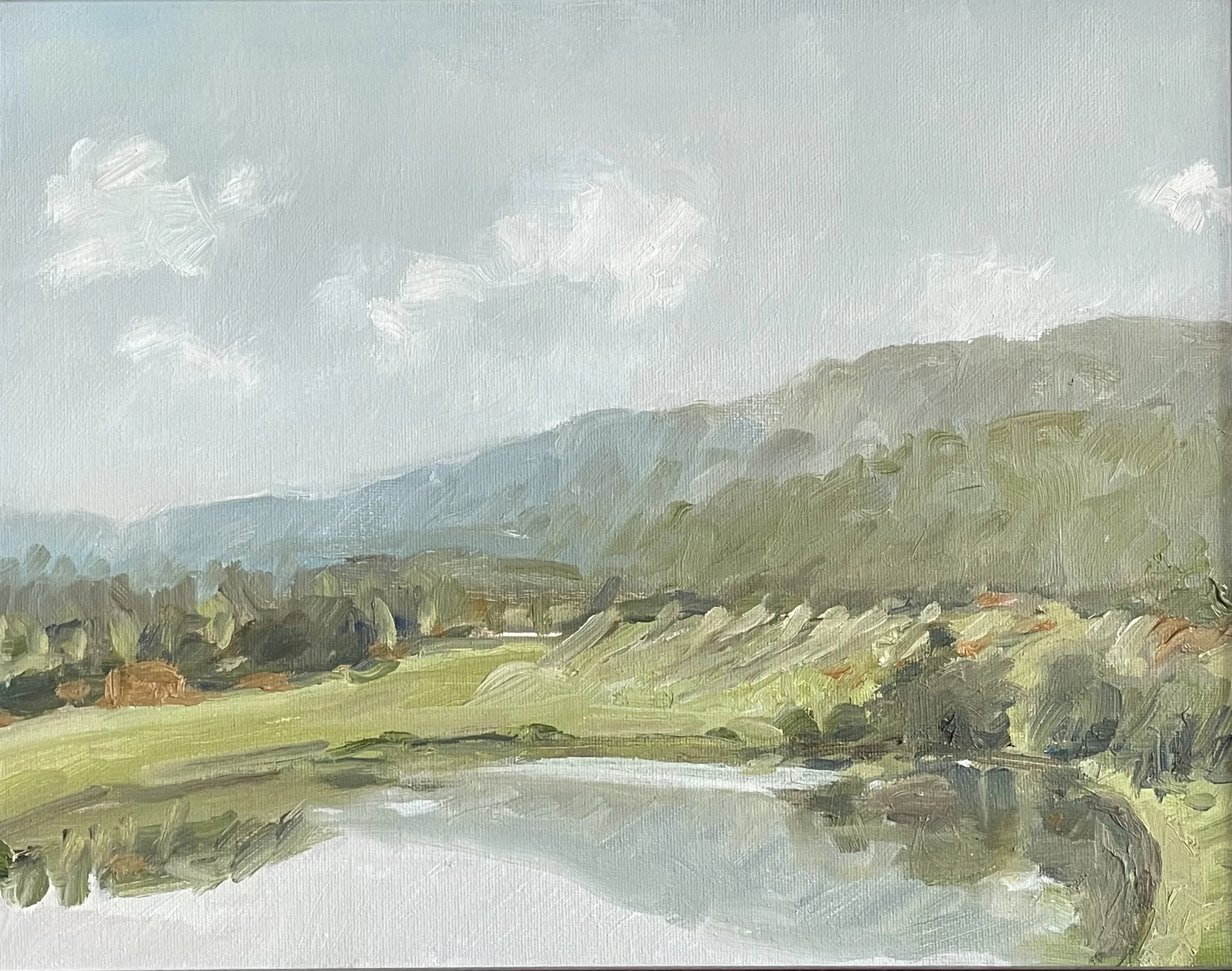 Landscape painting of a cloudy sky over a green hilly landscape, painted in an impressionistic style.