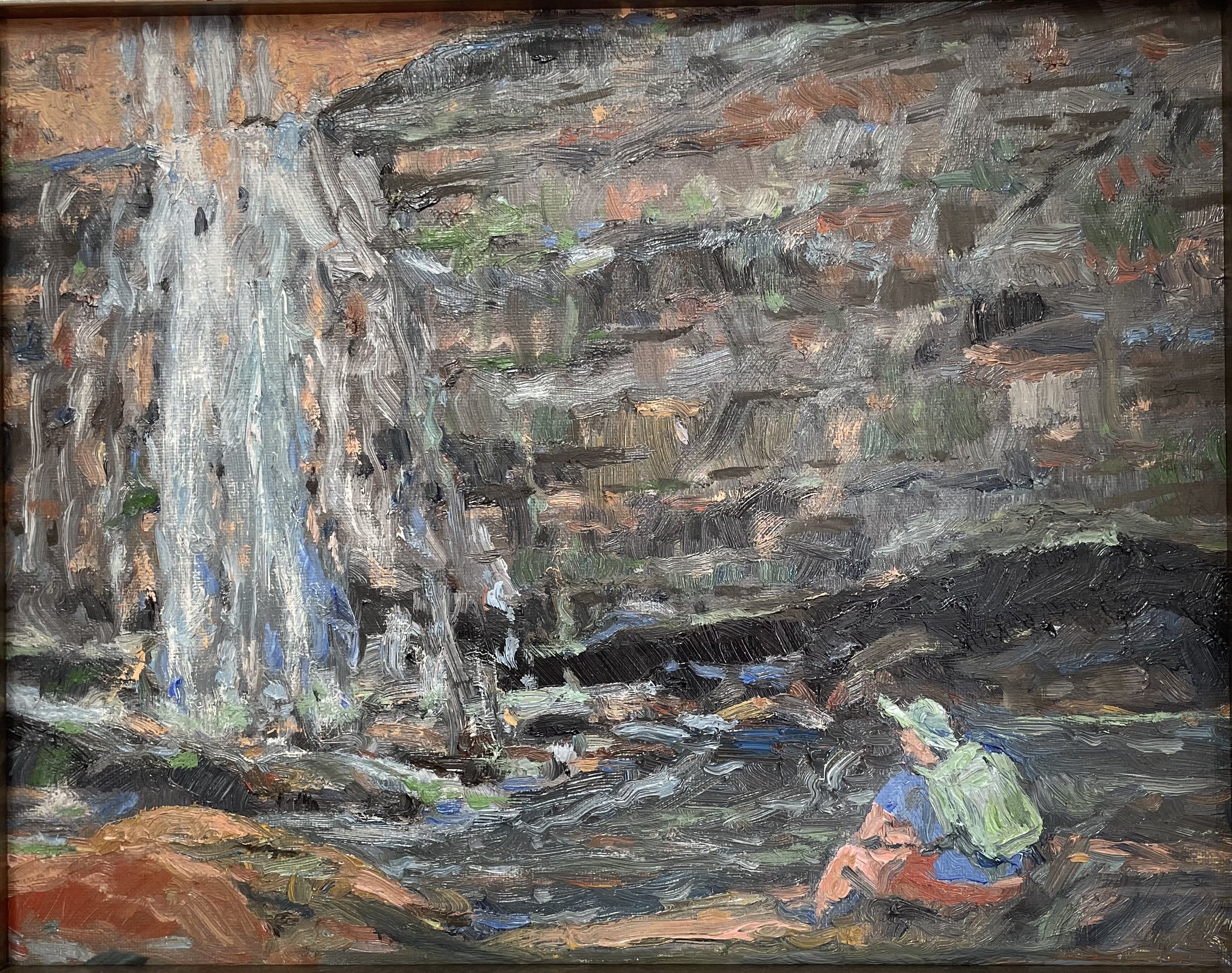 A textured landscape painting featuring a waterfall on the left side, surrounded by an abstract depiction of trees and rocks with earthy tones of brown, green, and hints of blue.
