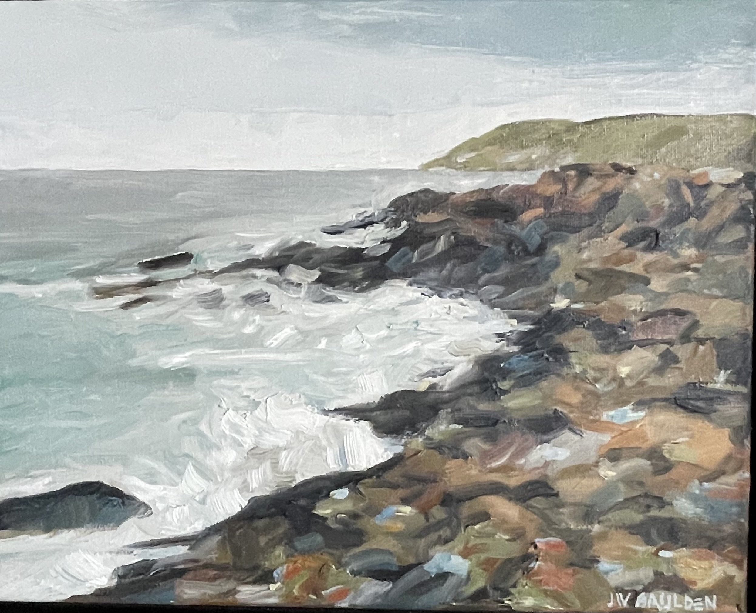 An artistic painting of a rocky coastline with waves crashing against the rocks and a green hill on the right. The sky is cloudy with shades of gray and blue.