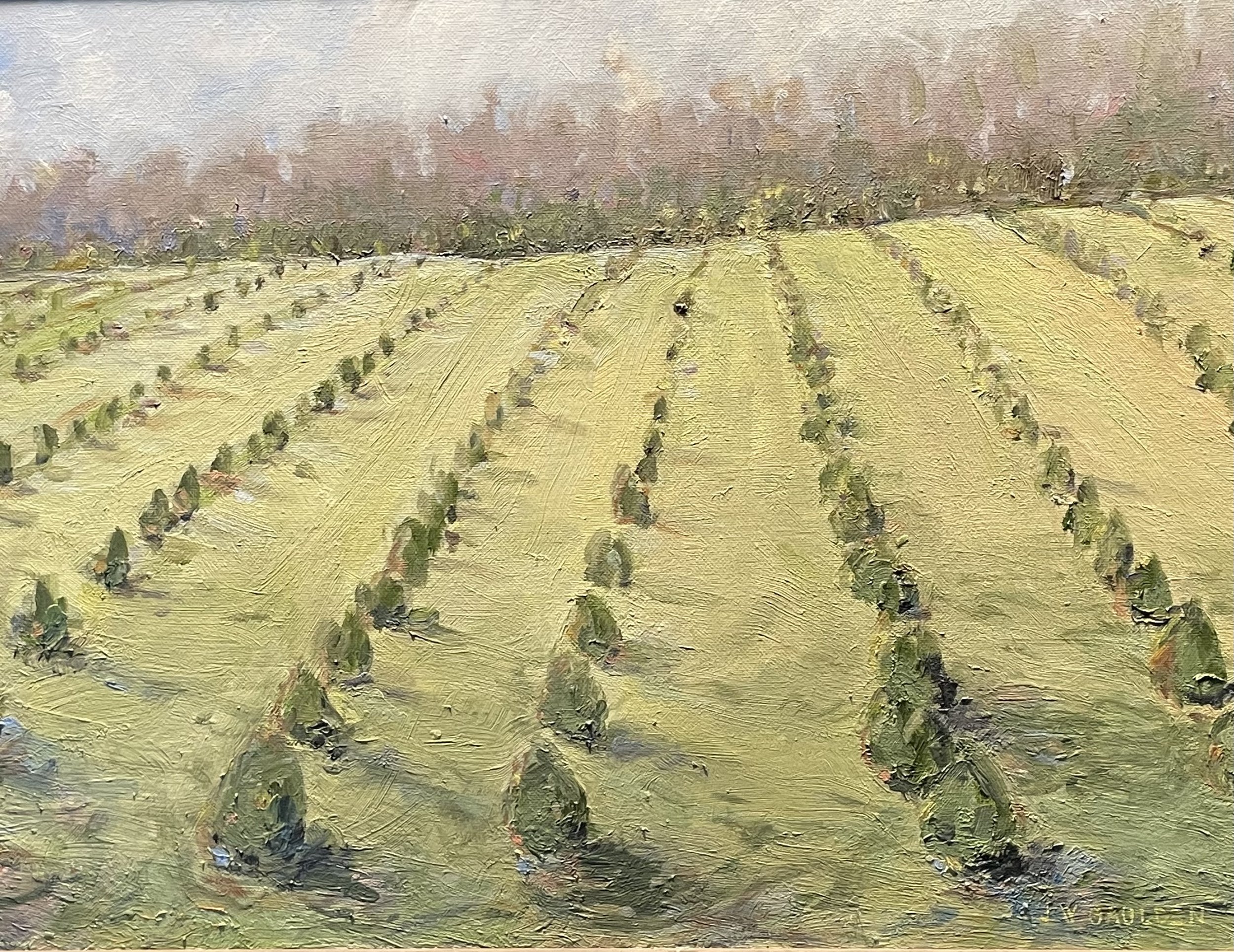 A landscape painting of a field with rows of plants, with trees and a sky in the background.