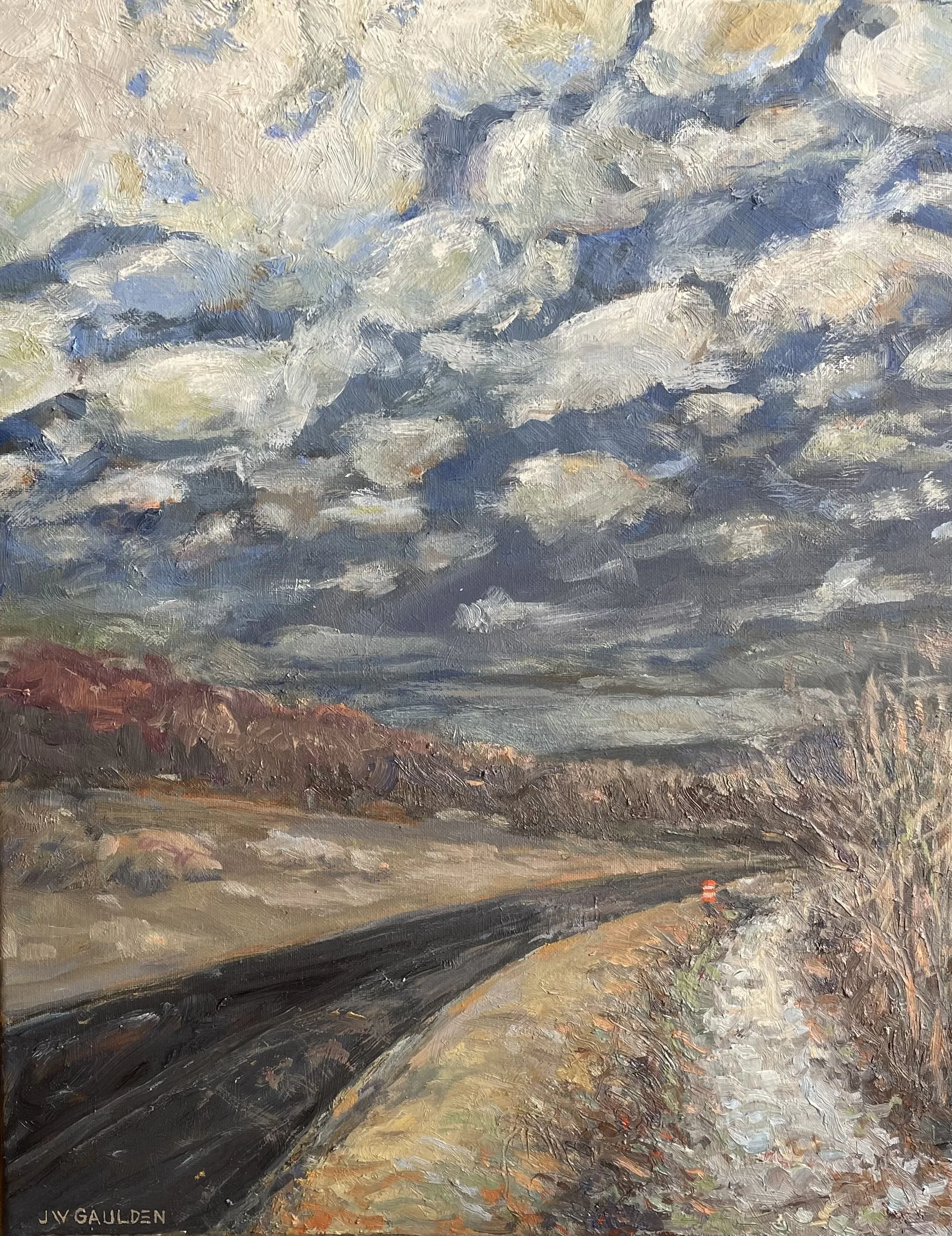 A landscape painting of a cloudy sky over a road and rocky terrain, with a dramatic and textured style.