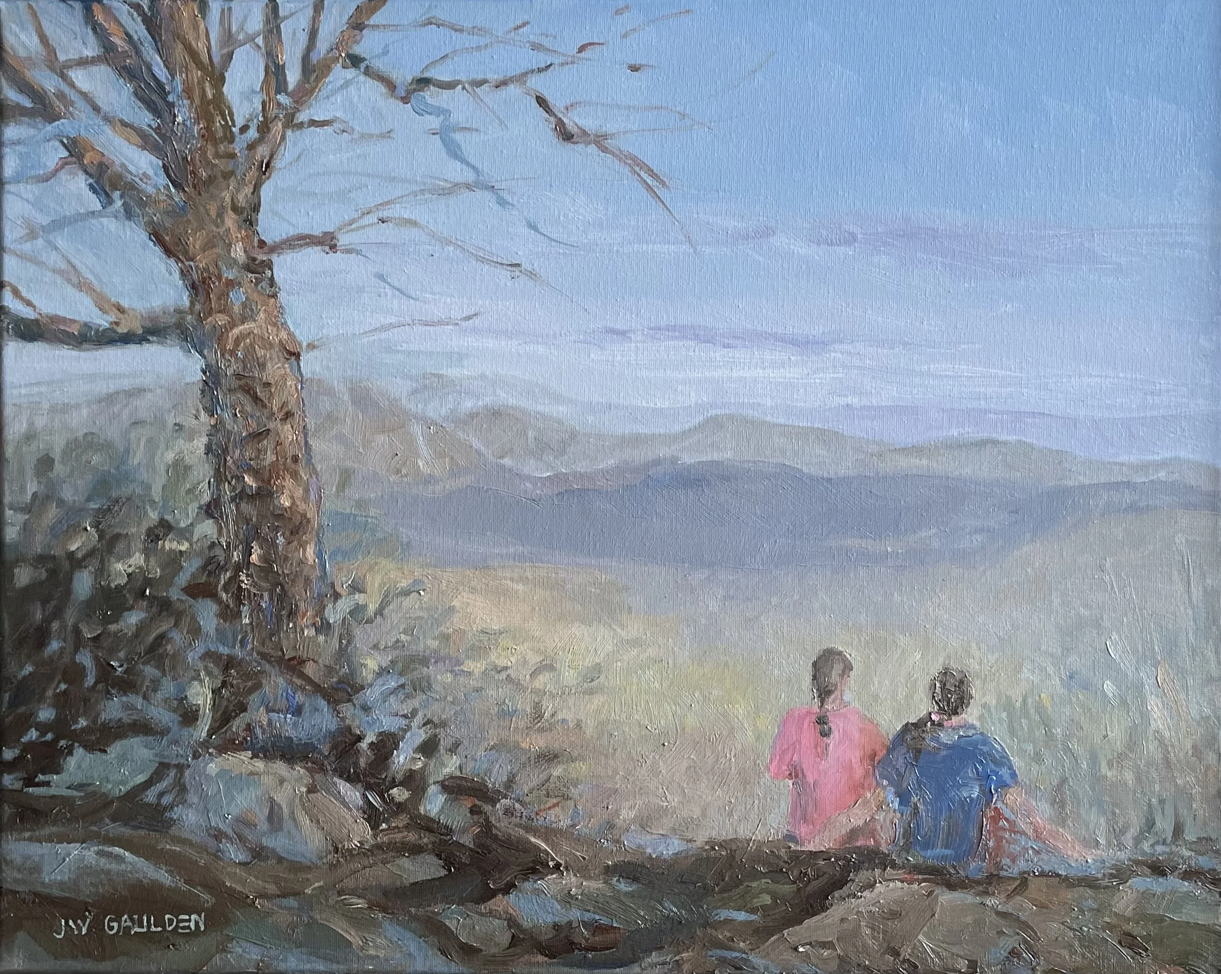 An impressionistic painting depicting a large, leafless tree with a thick trunk on the left side of the image. In the background, there are hills and a clear blue sky. In the foreground, three children are walking along a path; two of them are wearing pink and blue shirts, and the third child is wearing a darker outfit.