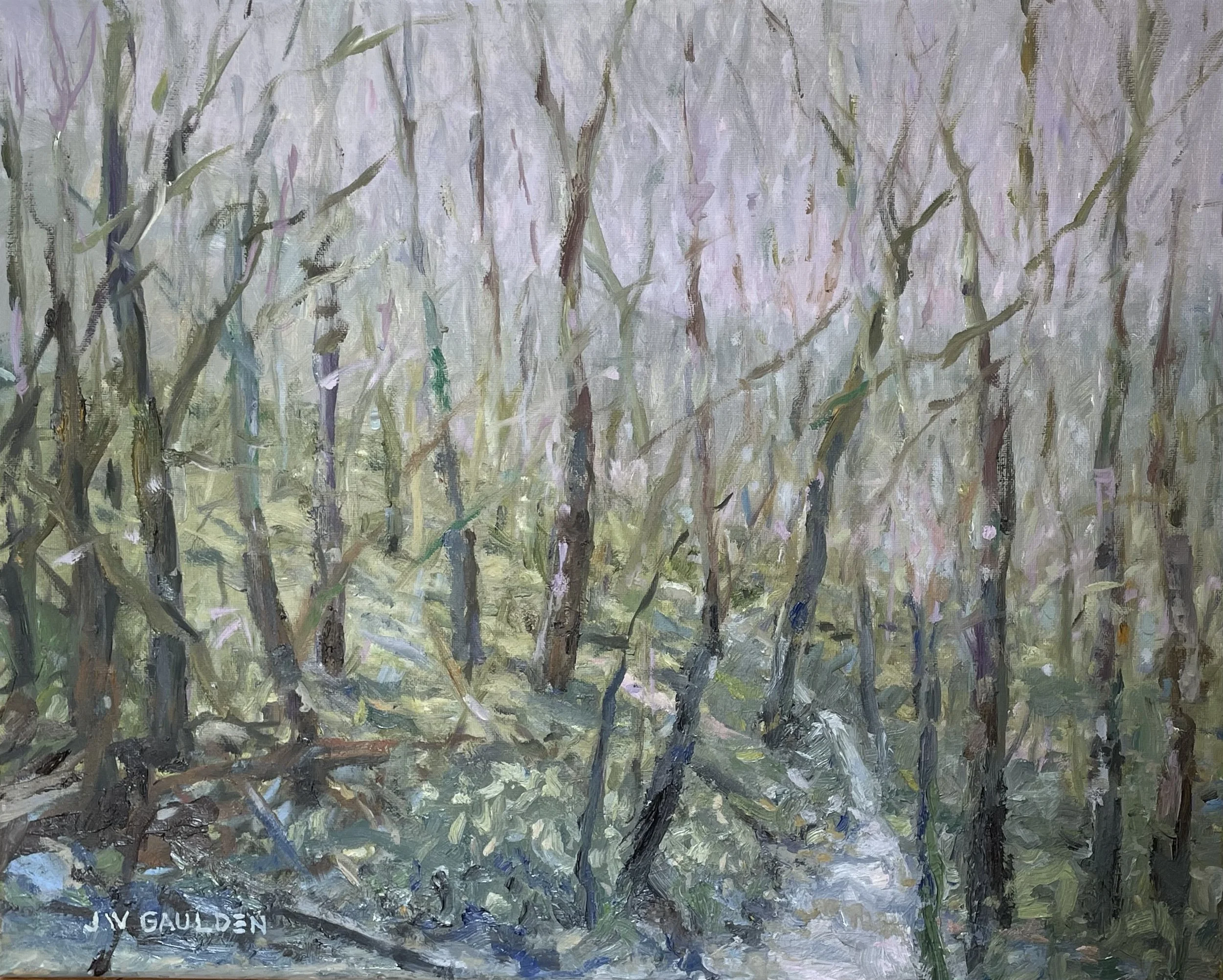 An impressionistic painting of a dense forest with tall, thin trees and a muted color palette of greens, browns, and purples. The artist's signature, 'V. Gualden,' is visible in the bottom left corner.
