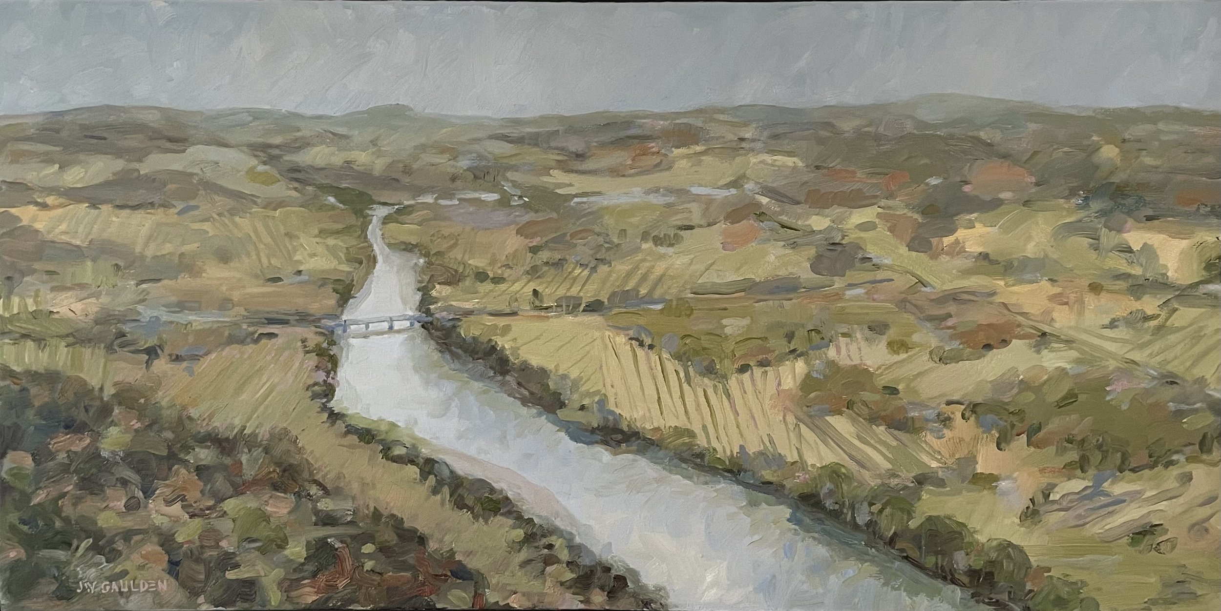 A landscape painting of a rural scene with rolling hills, fields, a winding river or road, and a small bridge under a cloudy sky.