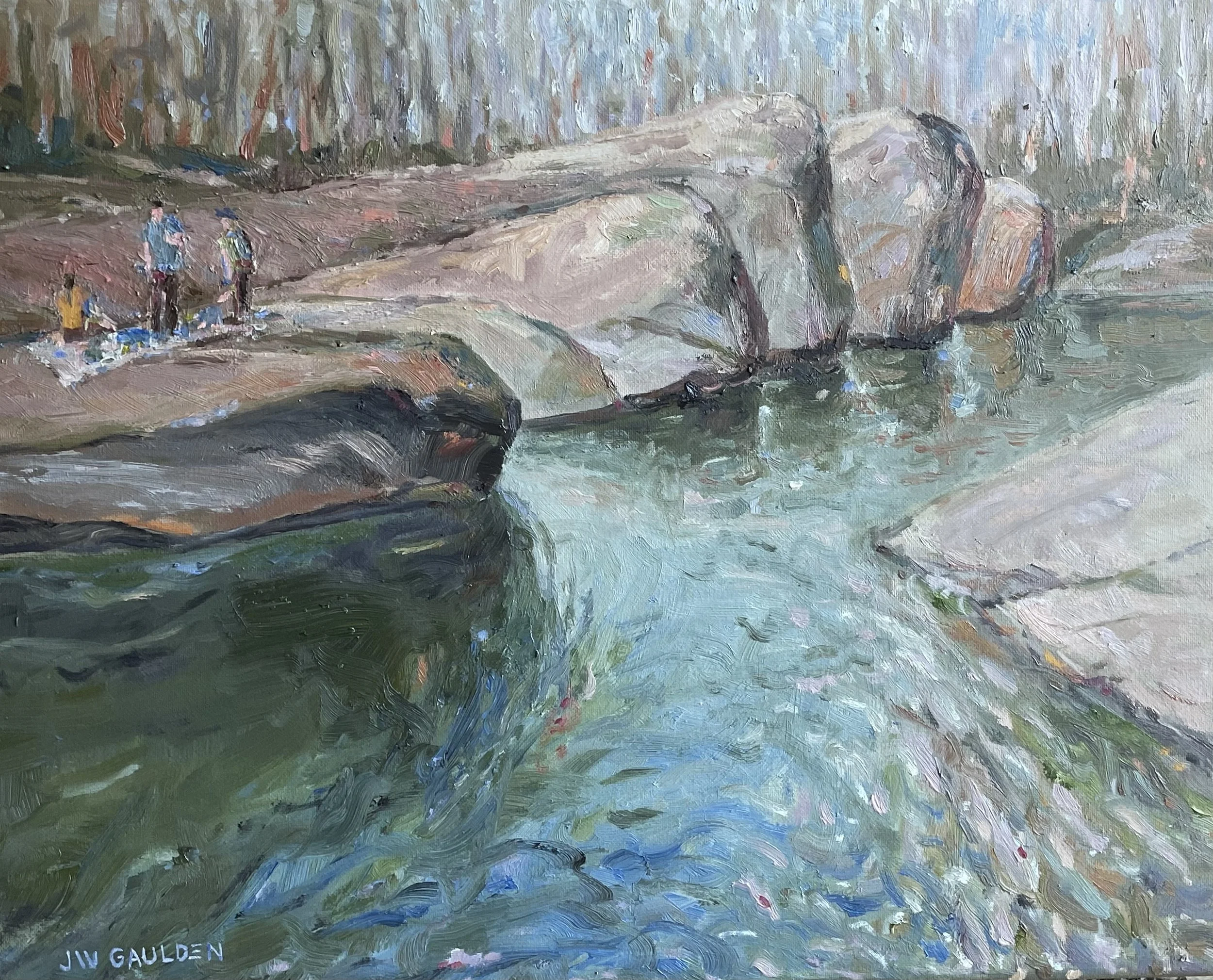 Oil painting depicting three people having a picnic on rocks near a pool of water below High Falls with a forest in the background.