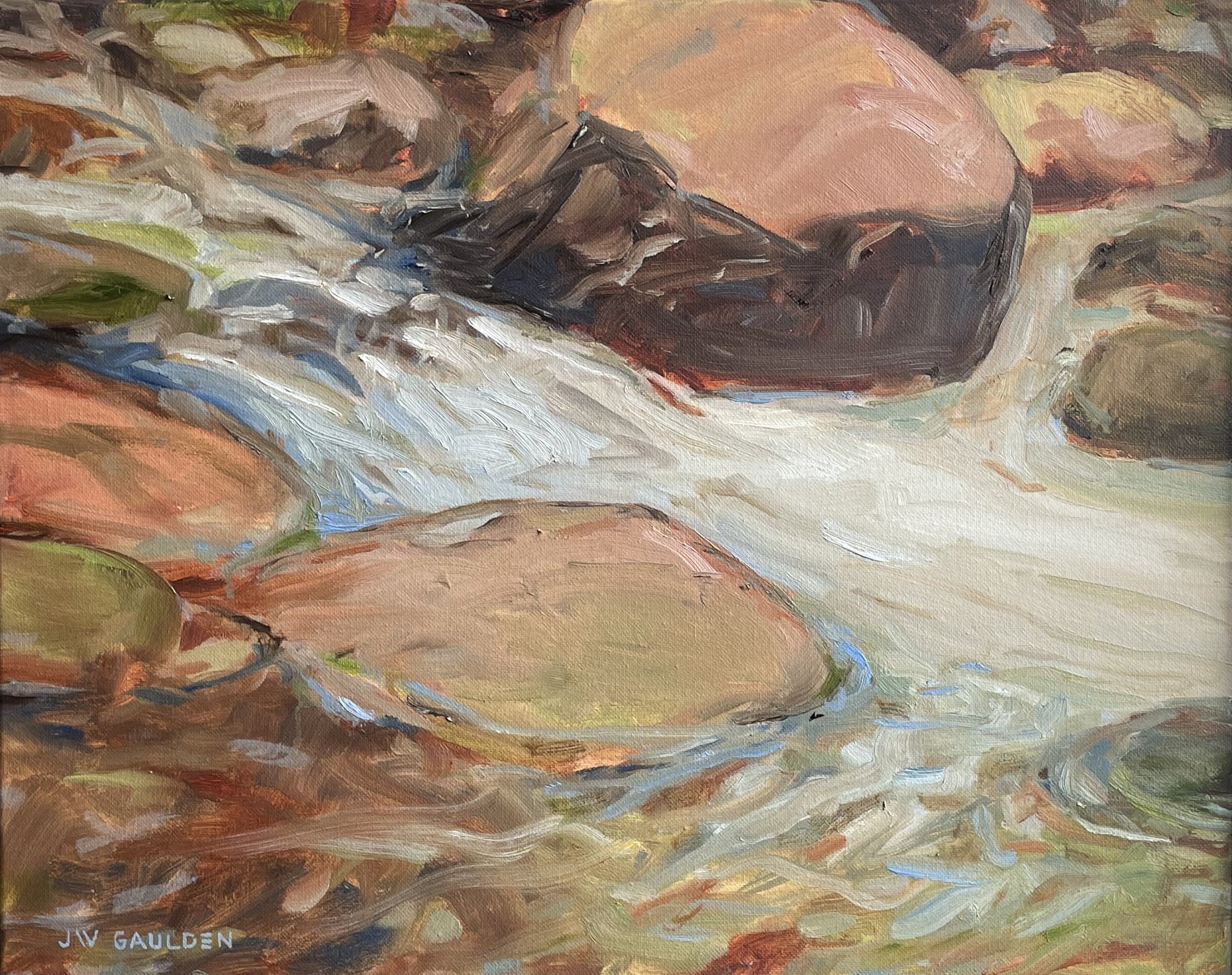 Impressionist painting of a flowing creek with rocks and water, using broad brush strokes and earthy colors.