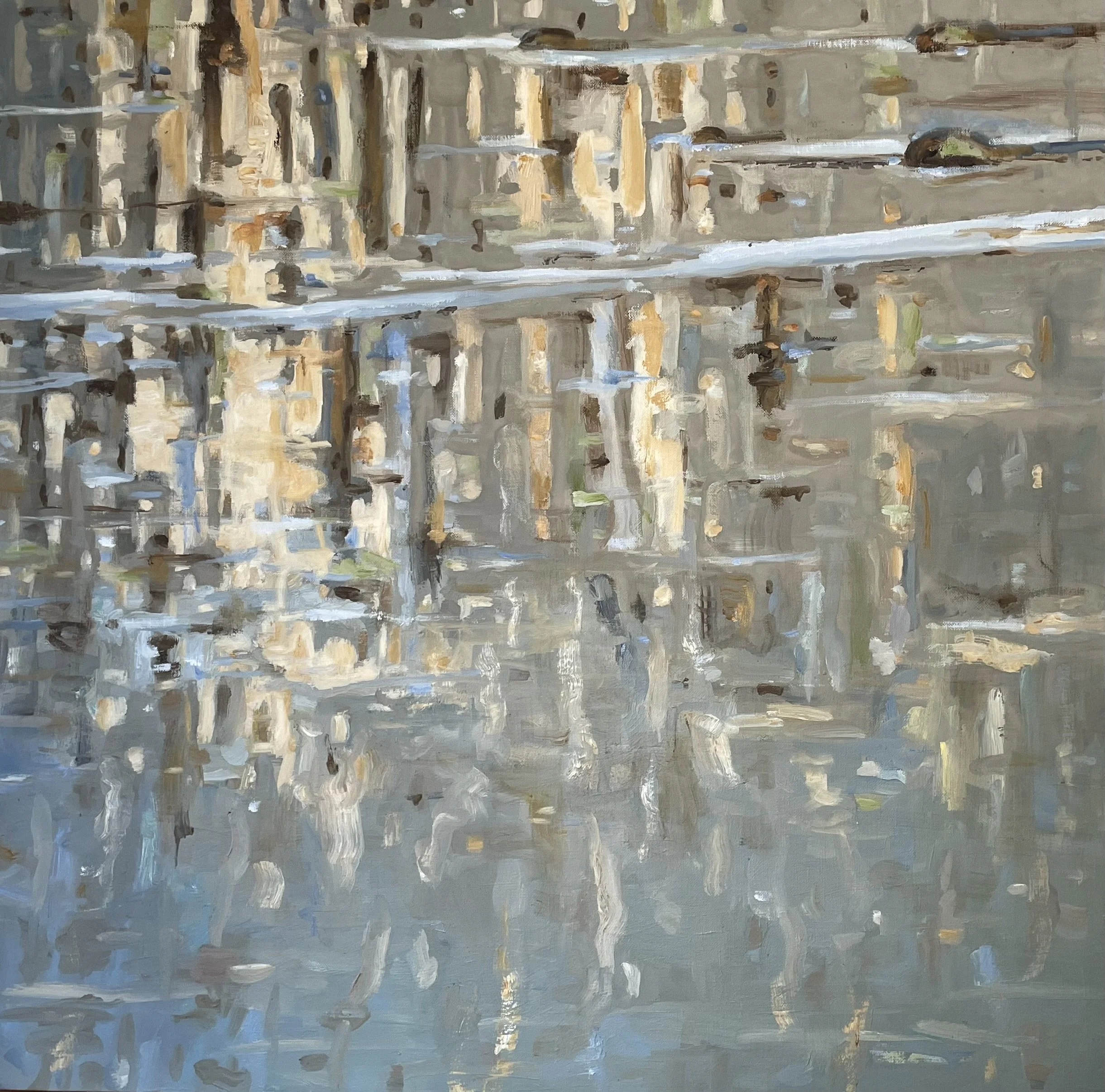 Impressionistic painting of fall tree reflections on river shoals in an abstracted manner using broad brushstrokes.