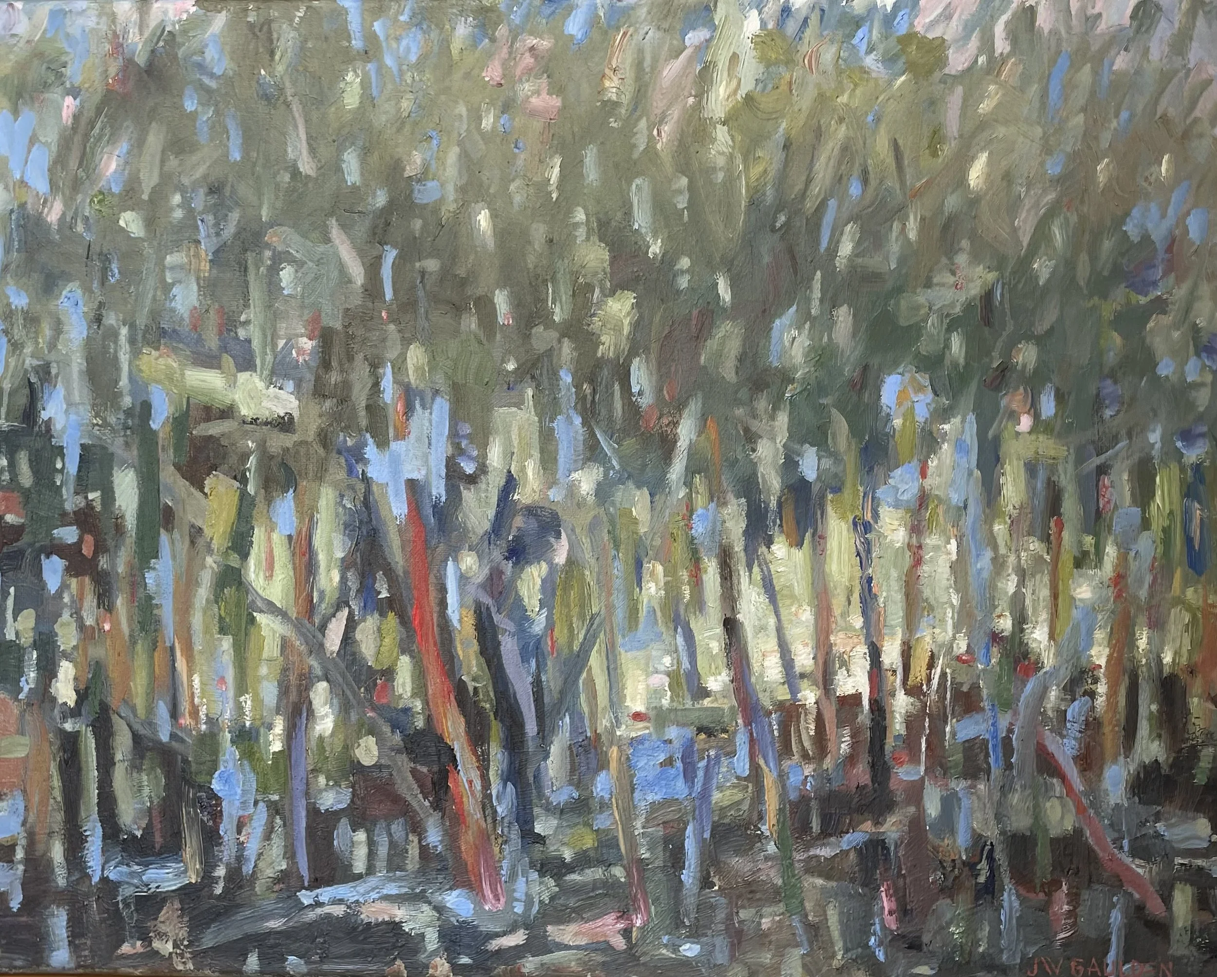 A painting of the light filtering through the forest abstracted with various brushstrokes of green, blue, pink, red, and beige colors.