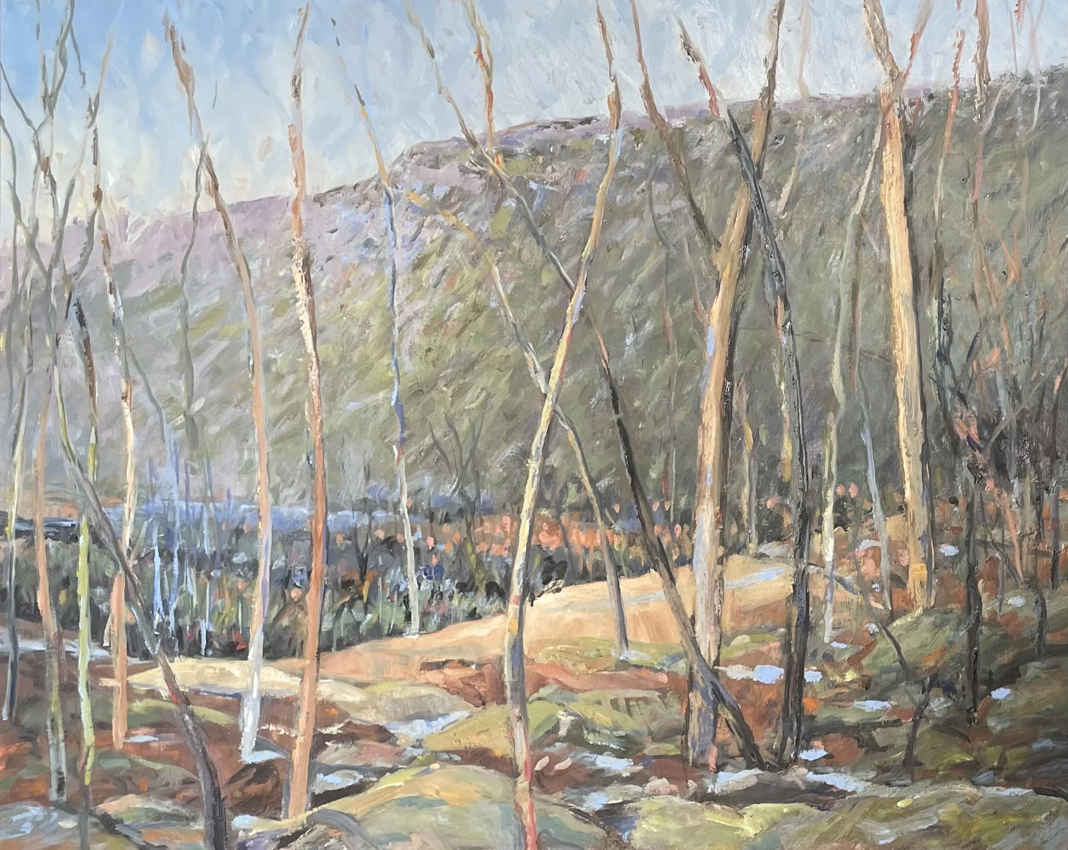 A magical realism landscape painting depicting a view through the forest with tall, slender trees, under a light blue sky. The ground is painted with earthy tones with hints of green, brown, and orange, suggesting a natural setting.