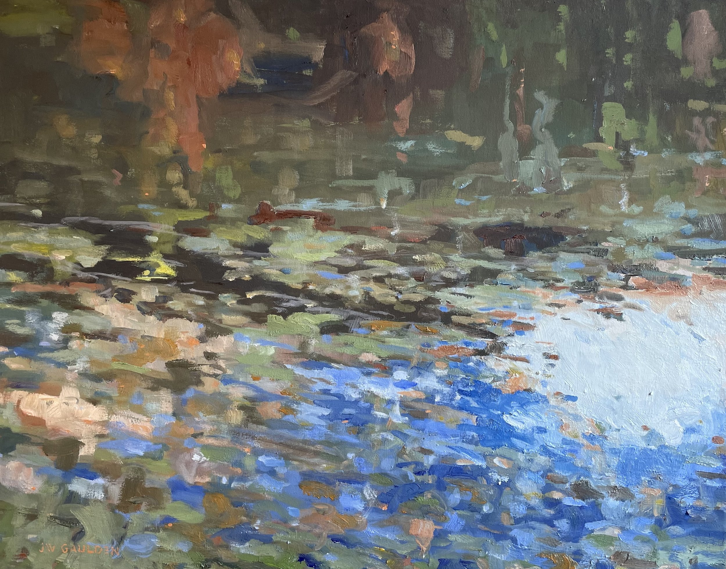 An impressionist painting of a landscape with trees, a pond, and colorful reflections on the water.