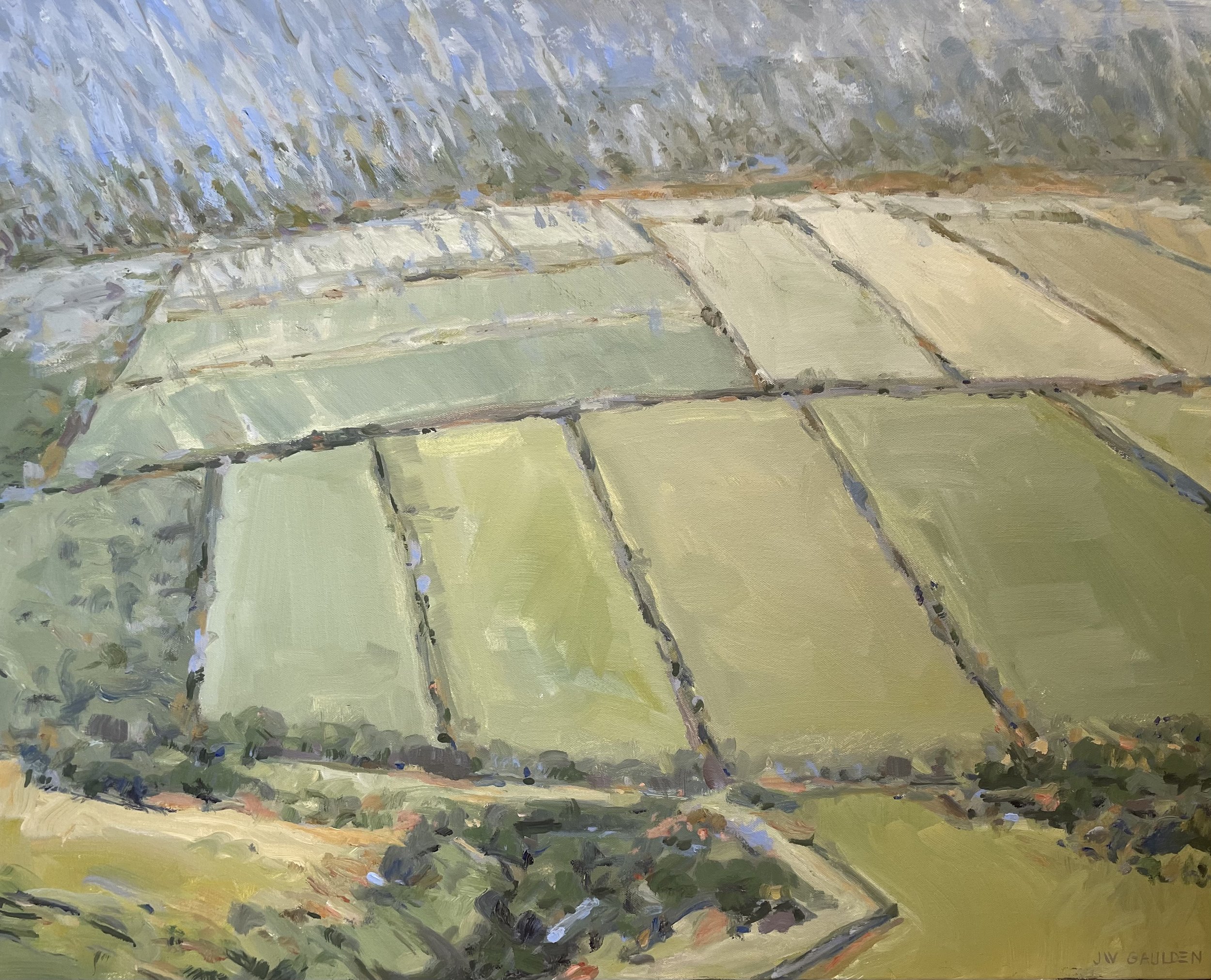 An impressionist landscape painting of green fields with a hill in the background, painted with broad brushstrokes and a muted color palette.