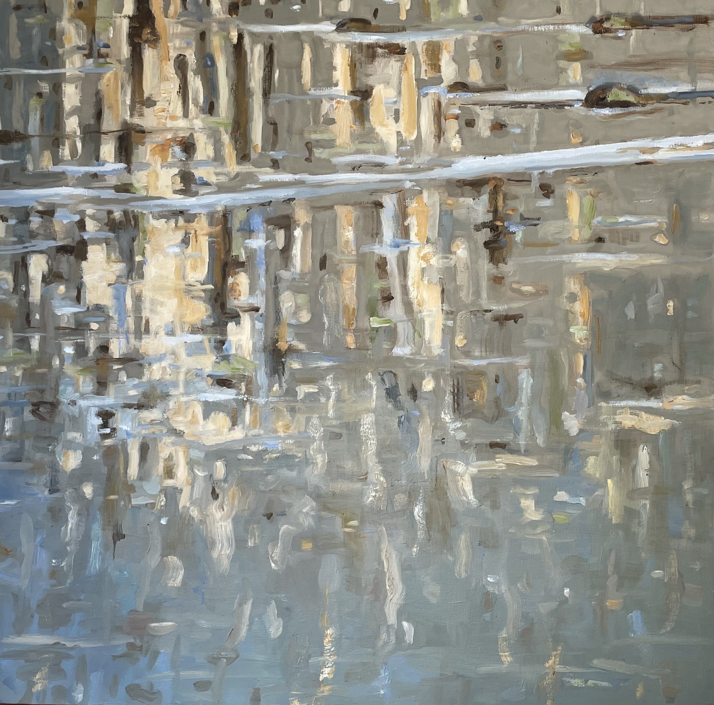 An abstract painting using brushstrokes of mostly grays, browns, and hints of blue and green. The style is impressionistic with a textured appearance.
