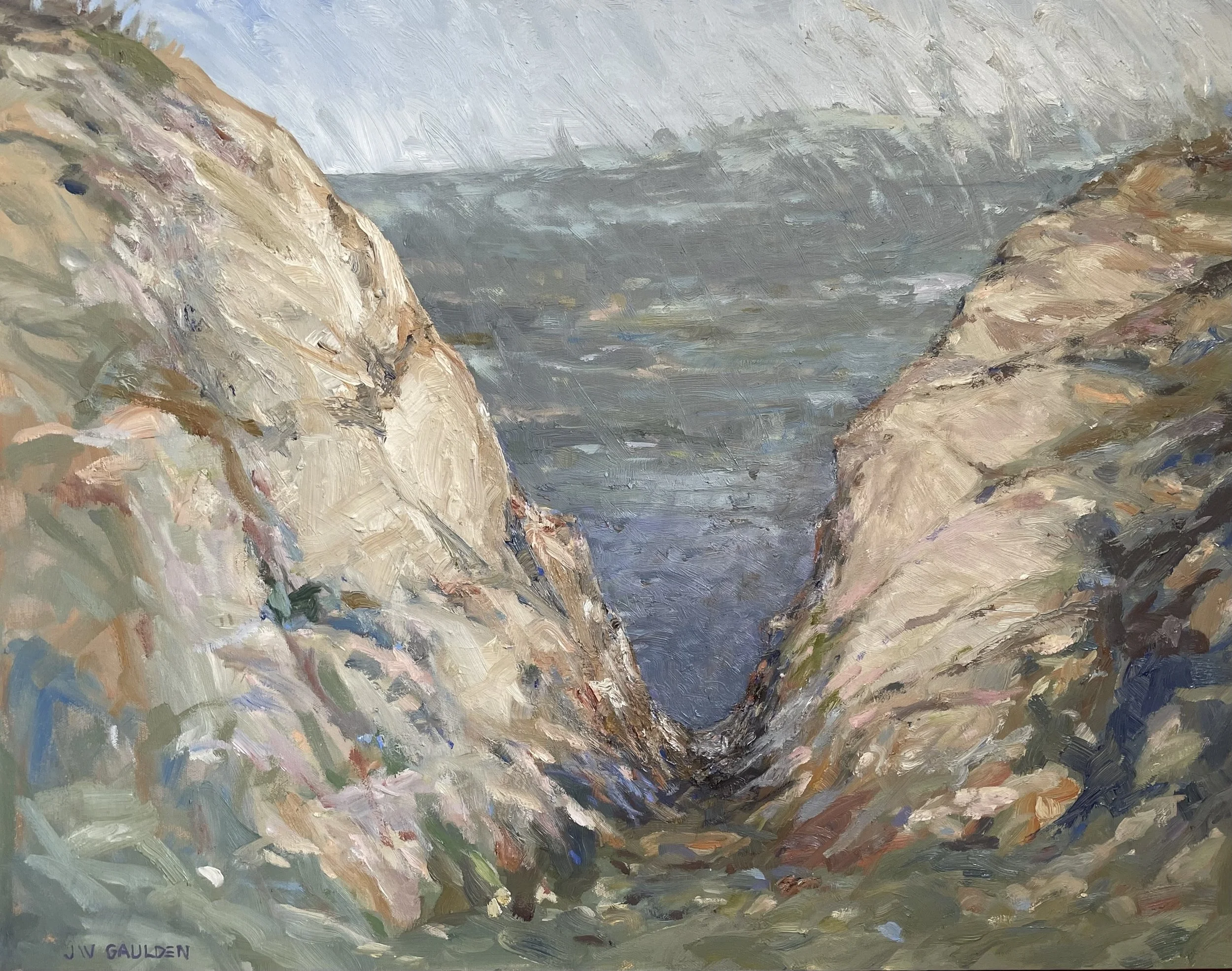 An abstract painting with thick brushstrokes of colors including beige, gray, blue, green, and hints of pink and purple. The painting features a composition that resembles a landscape with a stormy sky and rugged terrain. The artist's signature, "JIV GAULDEN," appears in the bottom left corner.