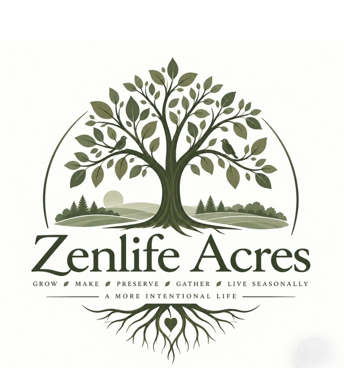 Logo for Zenlife Acres featuring a large green tree with birds, background hills, and a setting sun, with text promoting natural and intentional living.