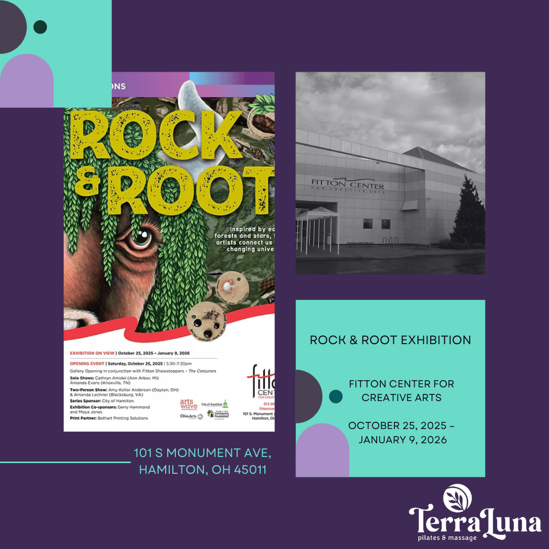 Branded social media event spotlight for TerraLuna featuring the Rock and Root exhibition at the Fitton Center for Creative Arts in Hamilton, Ohio.