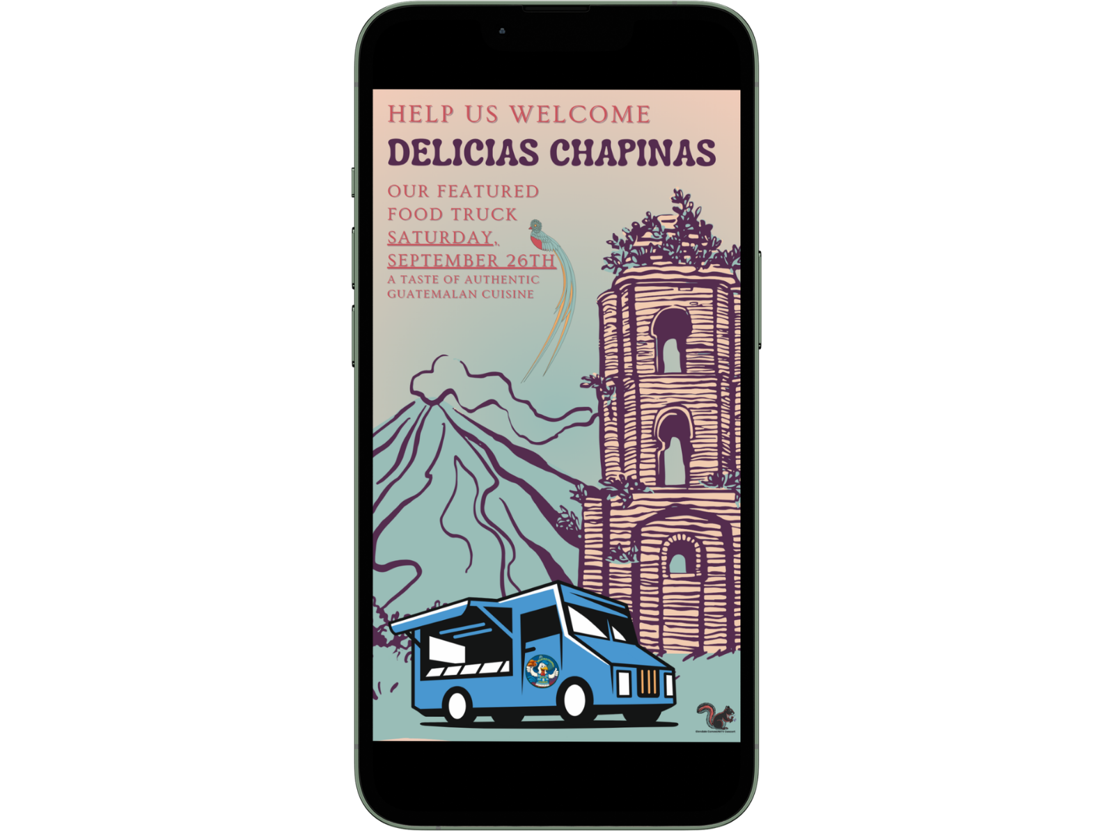 Custom illustrated promotional graphic for Delicias Chapinas food truck at the Glendale CommUNITY Concert, designed by Mycelium Creations