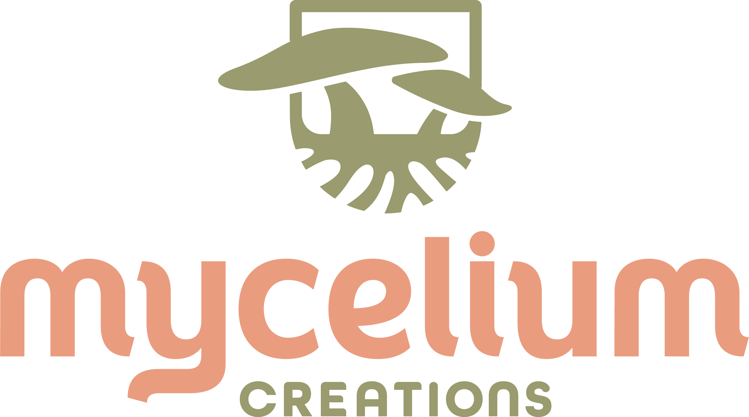 The logo for Mycelium Creations. The top is squared off with the fruting body of a mushroom. The bottom is rounded off with a mycelium network. The color of the logo is a pastel orange and light olive green.
