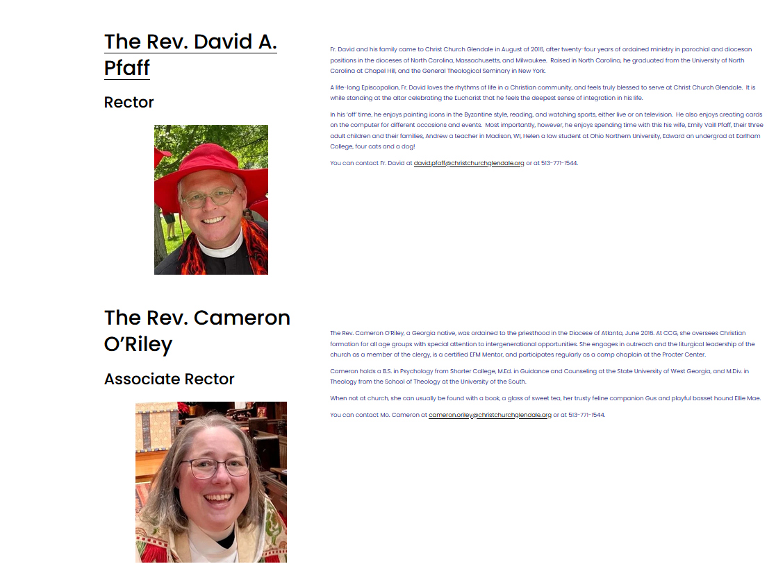 Screenshot of the legacy Christ Church Glendale clergy and staff directory showing unbalanced spacing, unoptimized formatting, and low-resolution headshots.
