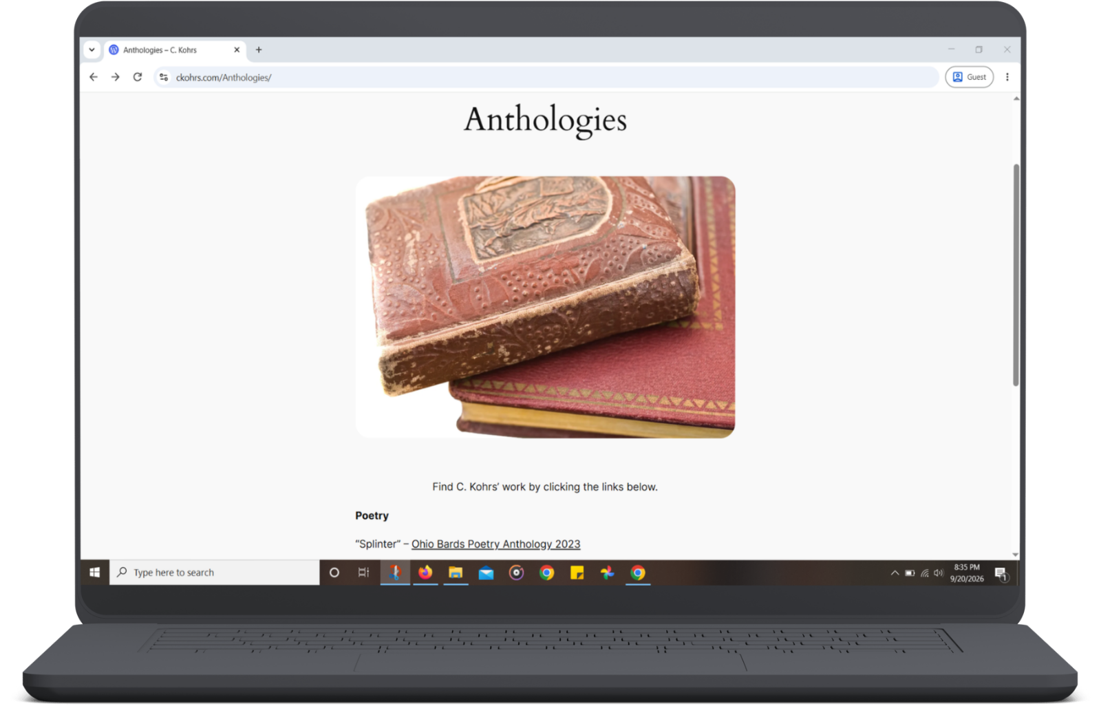 Minimalist desktop homepage layout for author and poet C. Kohrs author platform.