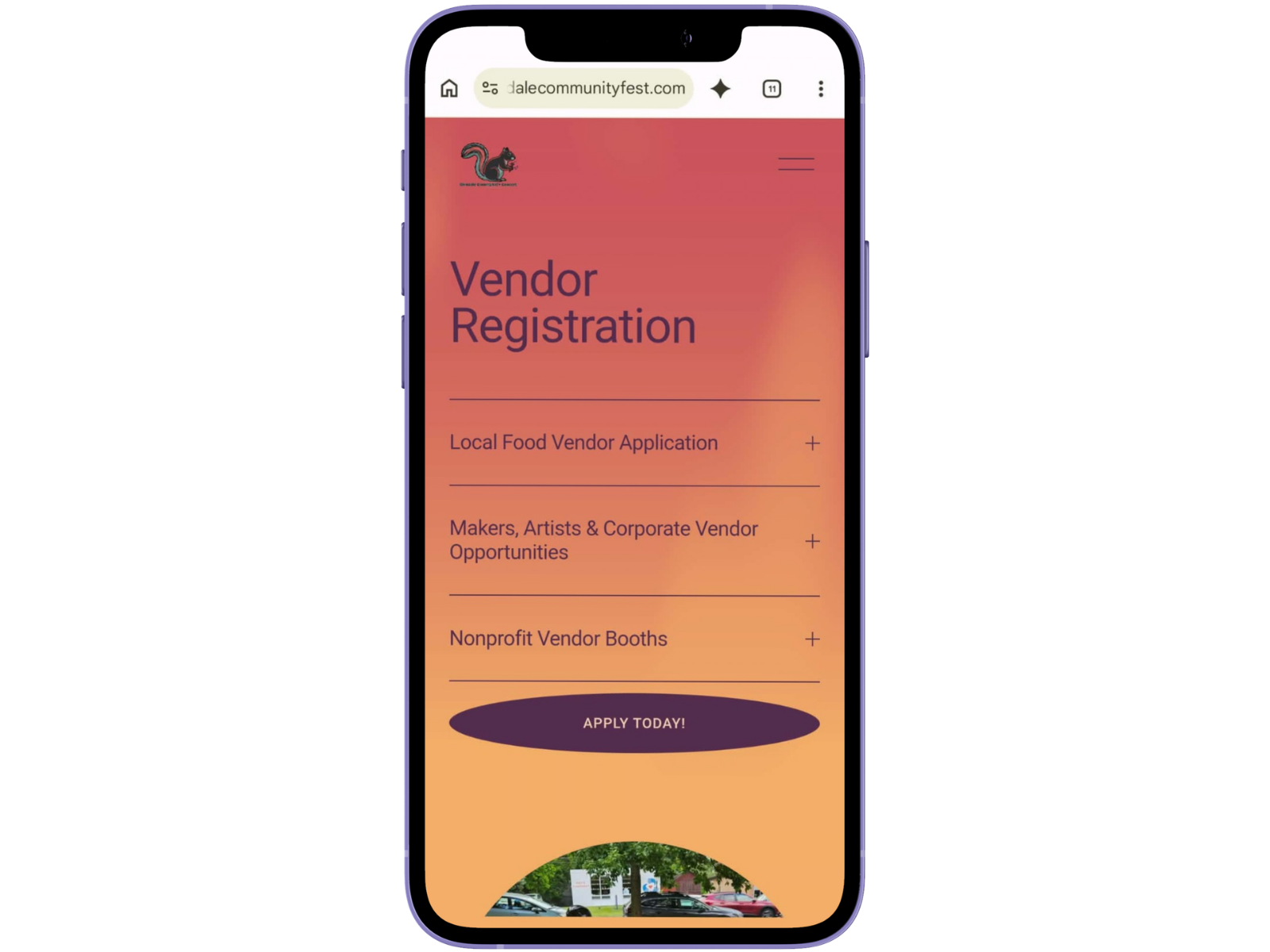 Mobile viewport of the Glendale CommUNITY Festival website featuring vendor application and vendor specifications.