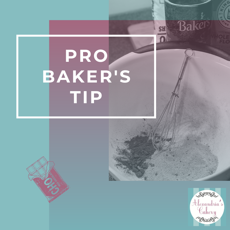 Branded educational social media graphic titled Pro Baker's Tip over a mixing bowl photo with cocoa powder, created for Alexandria's Cakery campaigns.