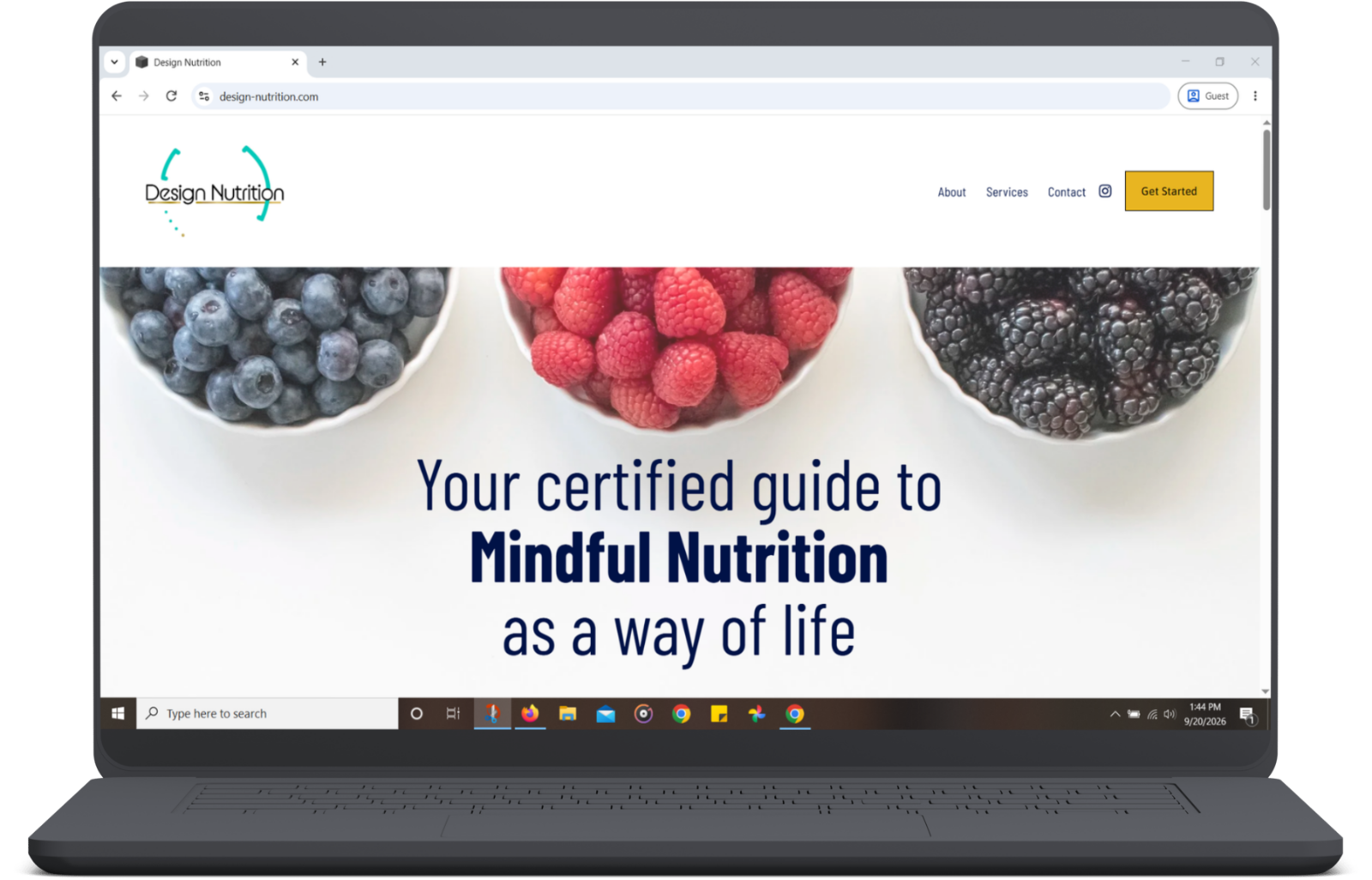 Desktop monitor mockup displaying the Design Nutrition homepage redesign with Barlow typography, Midnight navy navigation, and accessible layout structure.