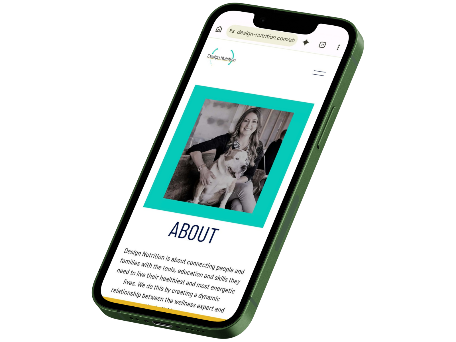 Slightly angled smartphone mockup showcasing the Design Nutrition responsive interior page, demonstrating accessible touch targets and clean vertical content reflow.