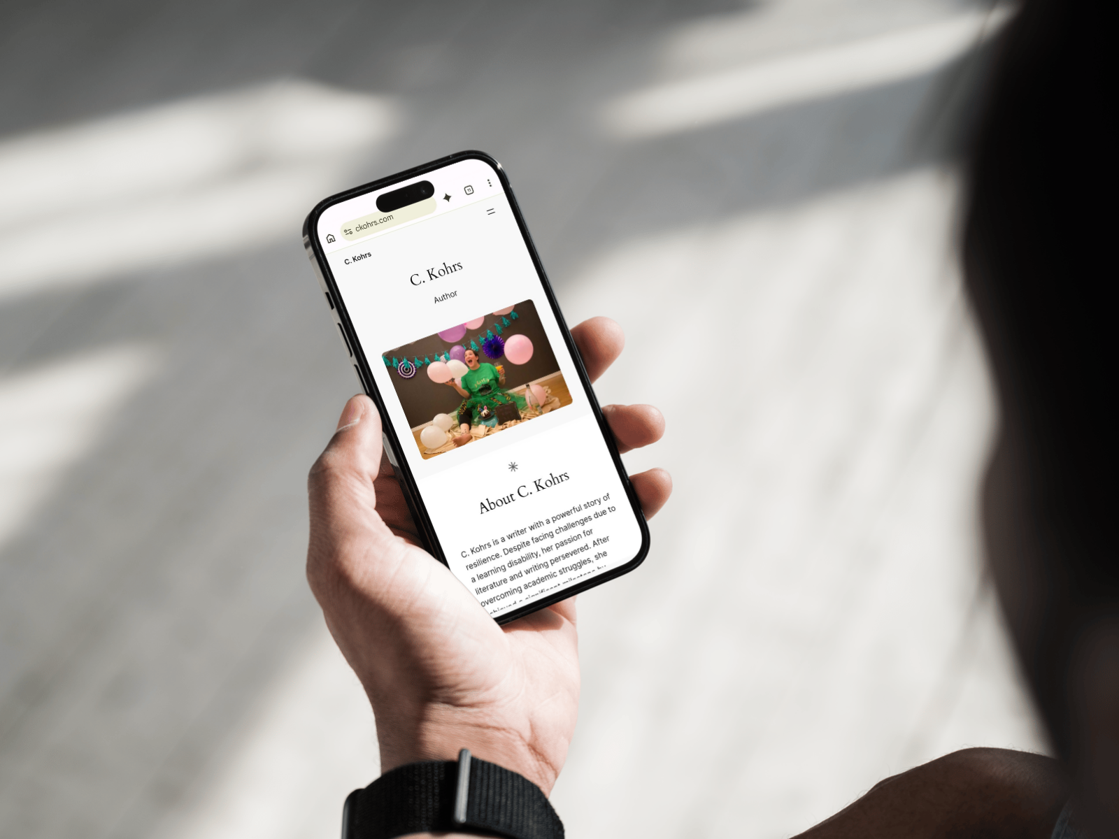 Mobile viewport reading layout for C. Kohrs author website showing responsive typography.
