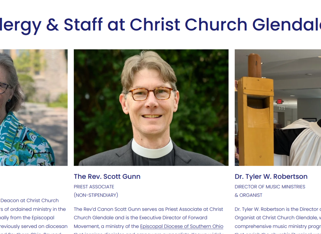 Screenshot of the redesigned Christ Church Glendale clergy and staff page featuring a modern, accessible card-based layout with professional headshots and structured bios.