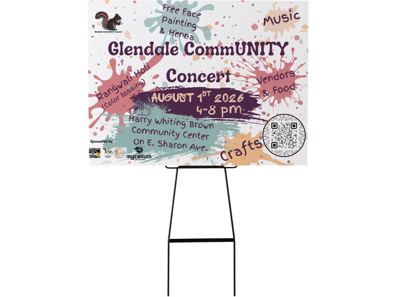 Physical event lawn sign design for Glendale CommUNITY Concert featuring schedule details and custom QR code