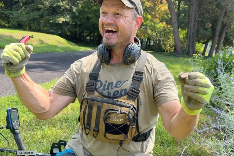 Matt from Quarter Hoarder celebrating after finding a 1793 U.S. Flowing Hair large cent while metal detecting a 1700s colonial home