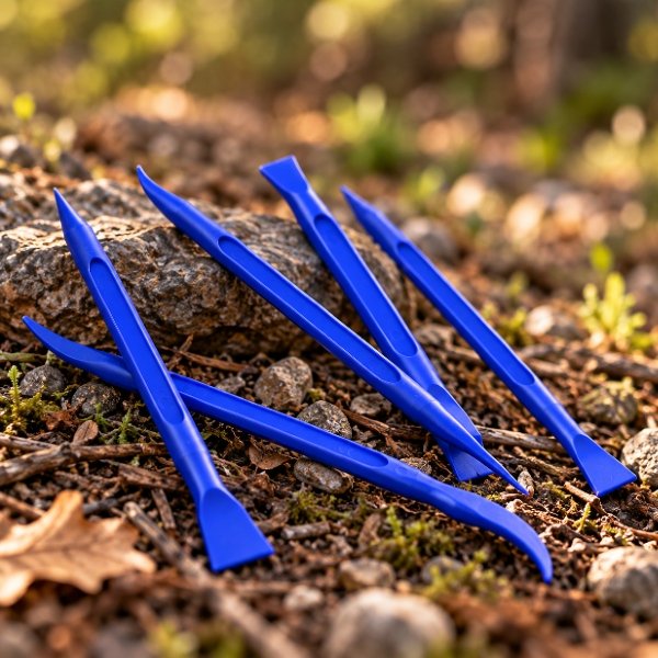 Five blue plastic tools with curved tips lying on dirt and small rocks outdoors.