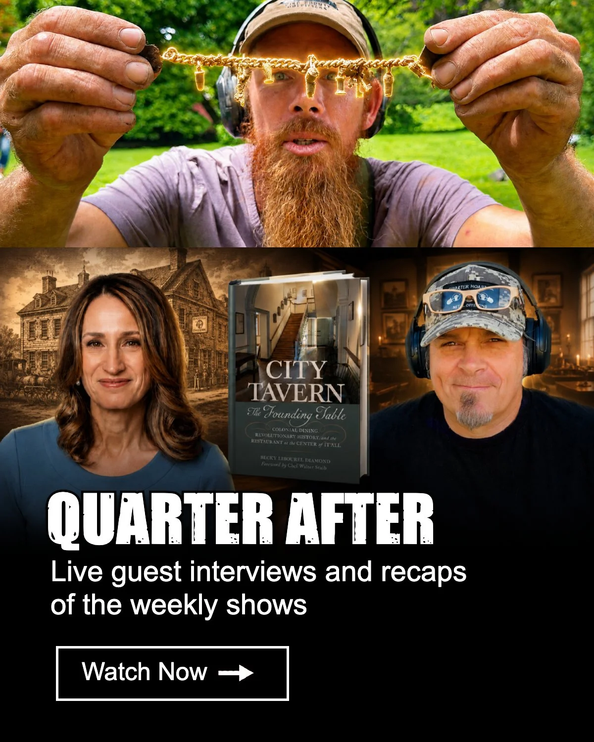 A promotional image for Quarter Hoarder's show 'Quarter After' featuring three hosts or guests.