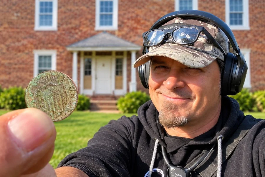 Jason and Doug from Quarter Hoarder metal detecting an old 1700s house finding a 1787 New Jersey copper Colonial Coin