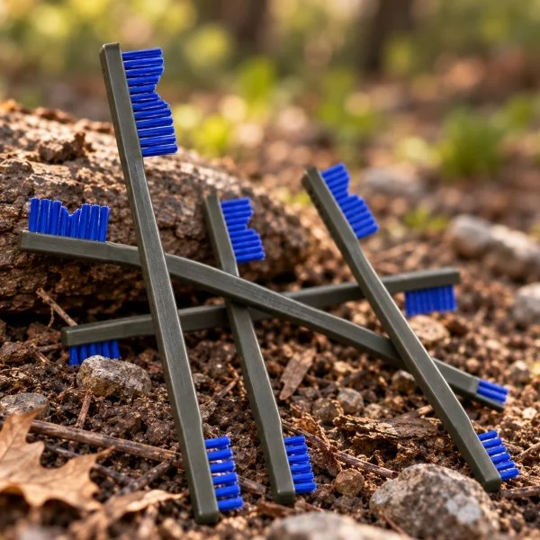 Group of brushes with blue bristles lying on soil outdoors.