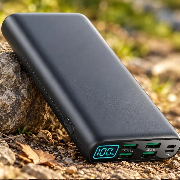 Portable black power bank with a digital display showing 100%, lying on rocky ground outdoors.