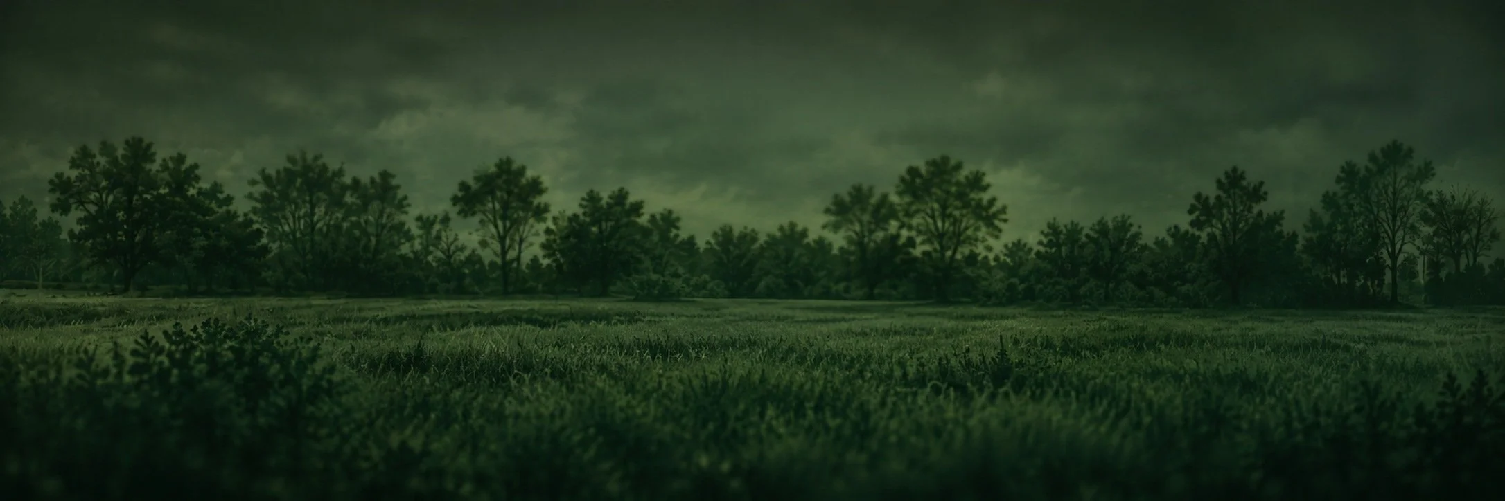 A dark, cloudy sky over a green field with a row of trees in the distance.