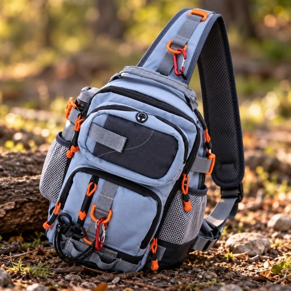 A gray outdoor sling backpack with multiple compartments, orange zipper pulls, and a black adjustable strap, placed on the ground with a blurred natural background.