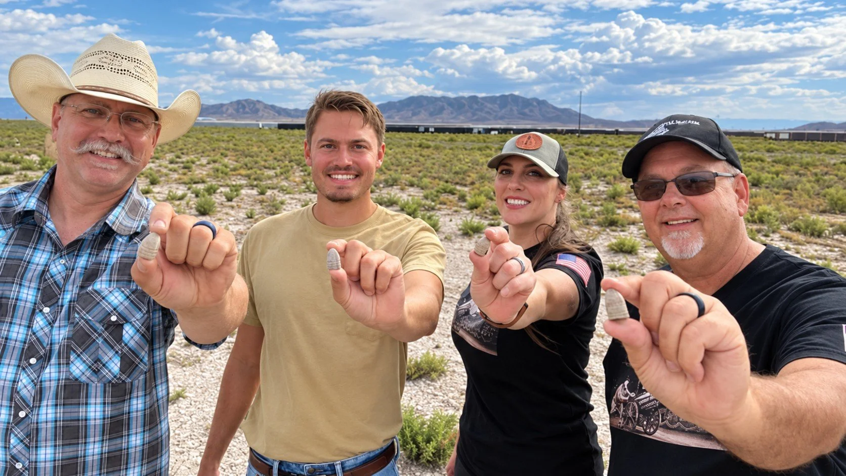 Bre from Quarter Hoarder, Tony from 5280 Adventures, and Ken from DK Adventures in Dirt standing in a field about ot metal detect