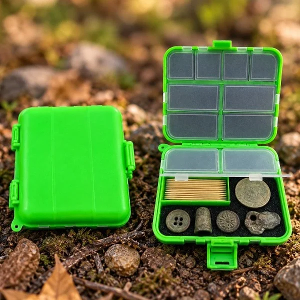 Open green waterproof container filled with sewing or craft supplies such as buttons, pins, and small spools of thread, placed outdoors on soil.