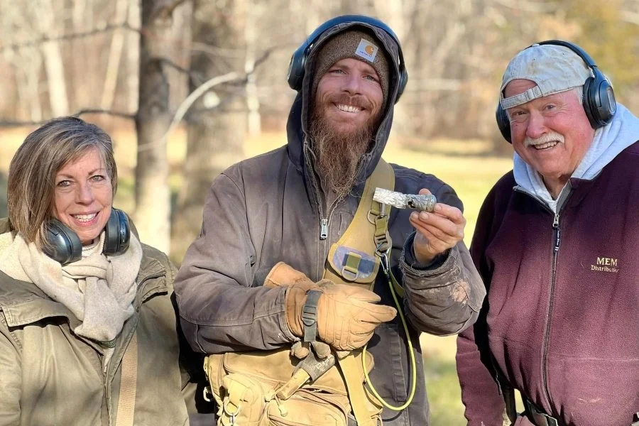 Rich VanWinkle, Lynne, and DogTag Doug from Quarter Hoarder holding a sterling silver cane topper found metal detecting