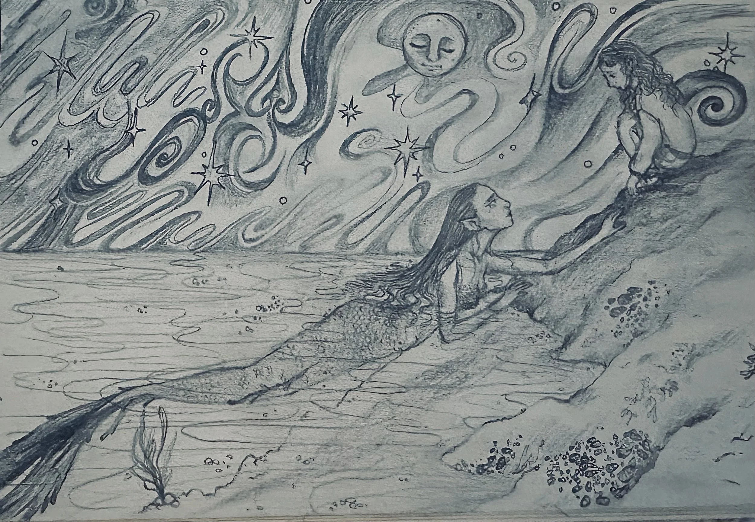 A detailed pencil sketch featuring a woman with flowing hair, reaching towards a floating, mystical creature with large wings, surrounded by stars and swirling patterns.